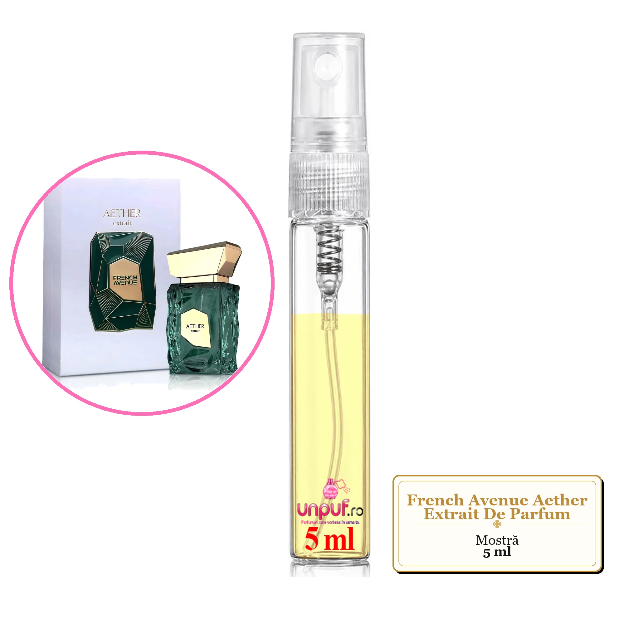 Mostra fiola din Parfumul French Avenue Aether Extrait De Parfum, decant sticla cu pulverizator