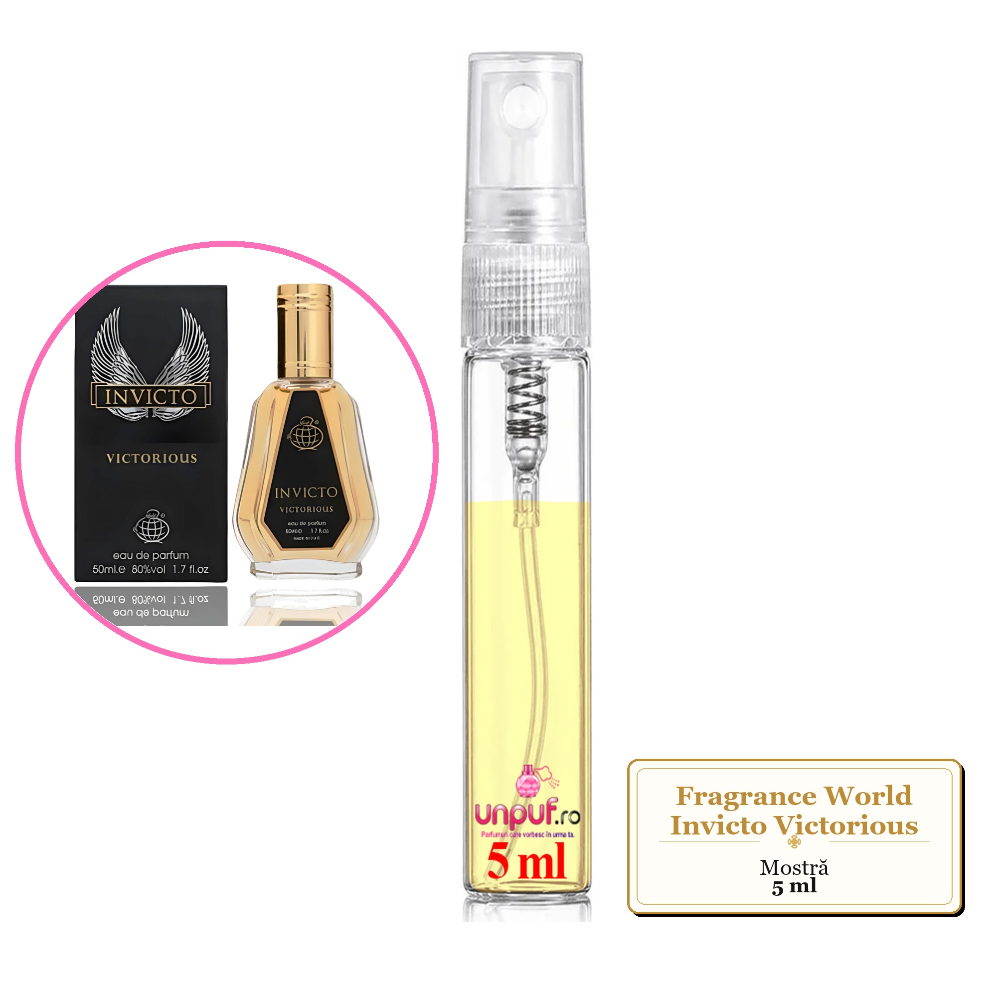 Mostra fiola din Parfumul Fragrance World Invicto Victorious, decant sticla cu pulverizator
