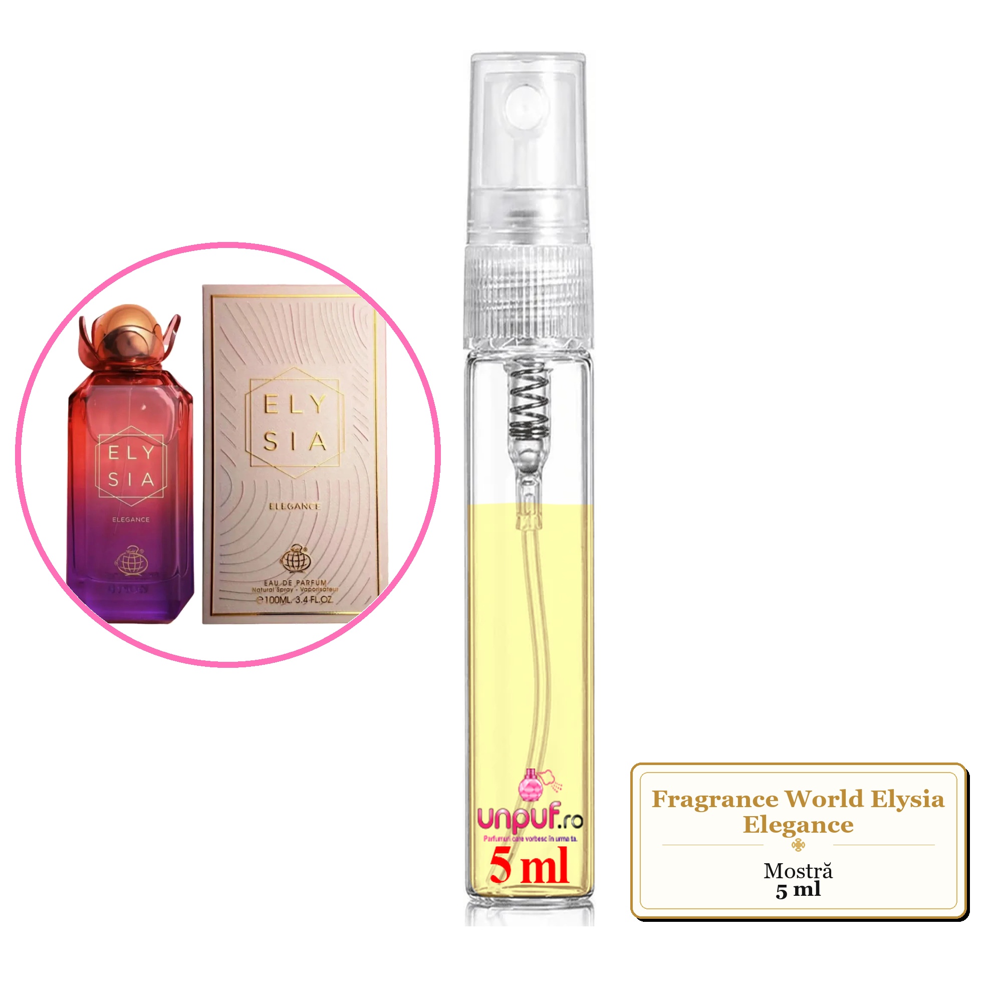 Mostra fiola din Parfumul Fragrance World Elysia Elegance, decant sticla cu pulverizator