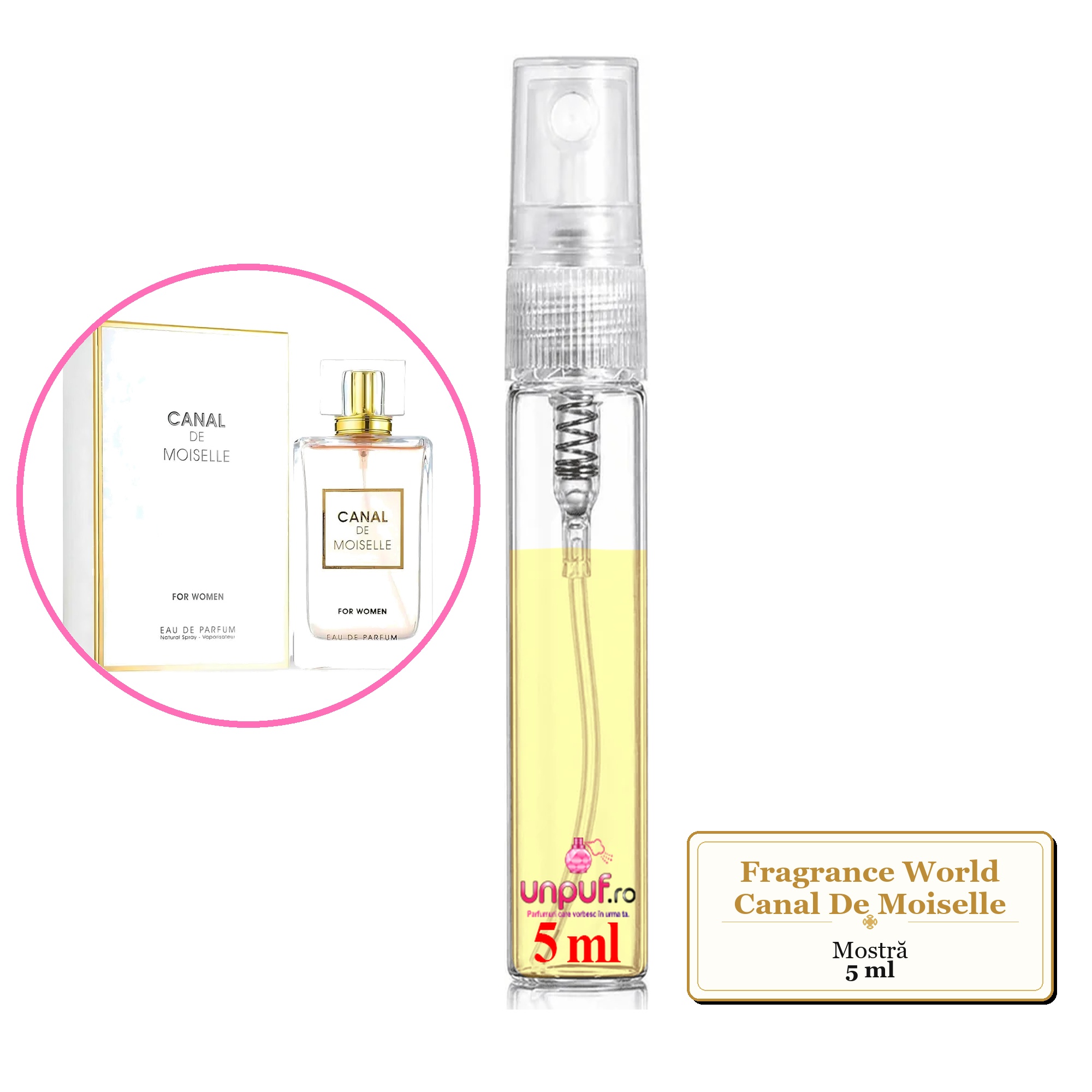 Mostra fiola din Parfumul Fragrance World Canal De Moiselle, decant sticla cu pulverizator 
