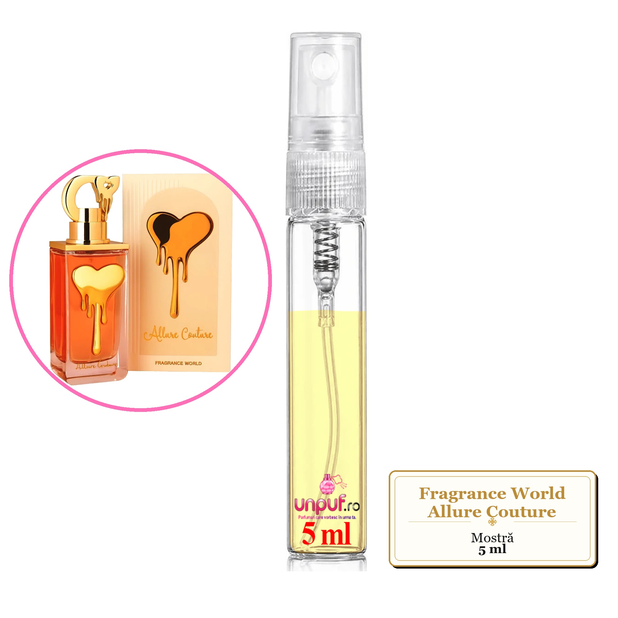 Mostra fiola din Parfumul Fragrance World Allure Couture, decant sticla cu pulverizator