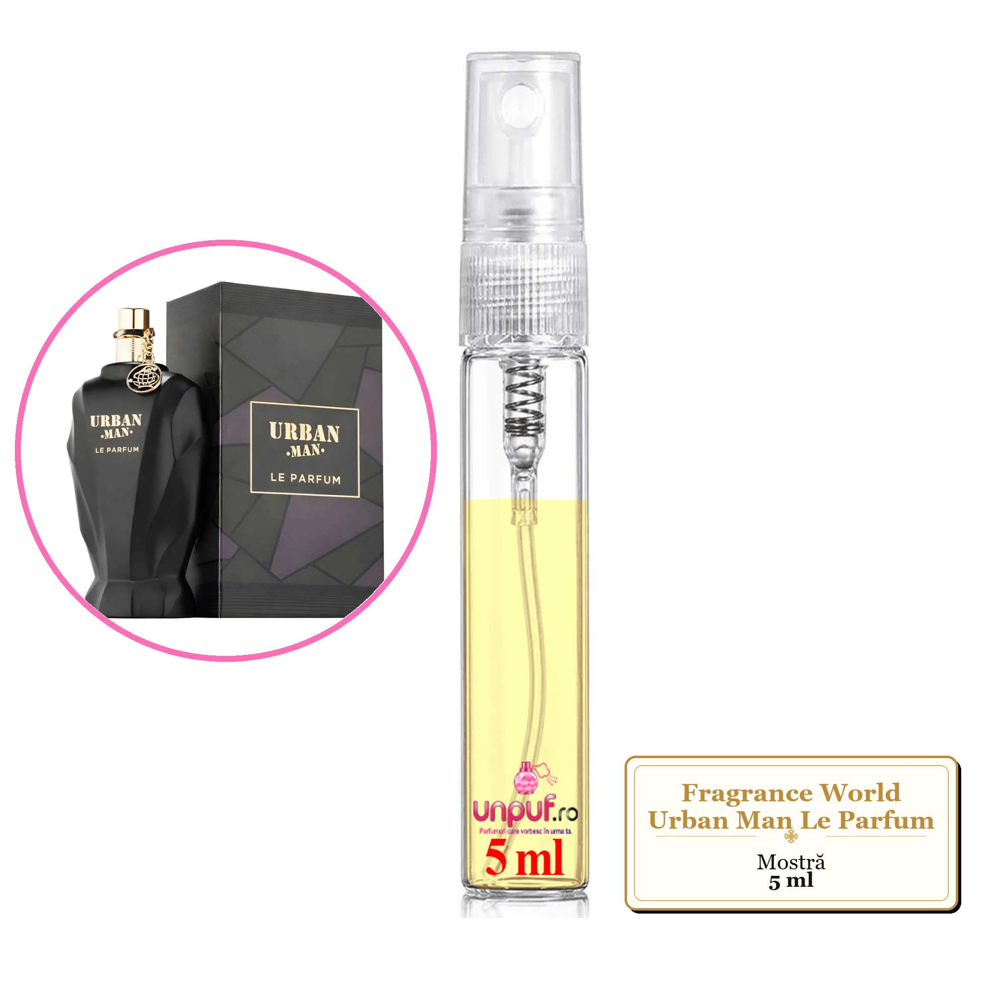 Mostra fiola din Parfumul Fragrance World Urban Man Le Parfum, decant sticla cu pulverizator 