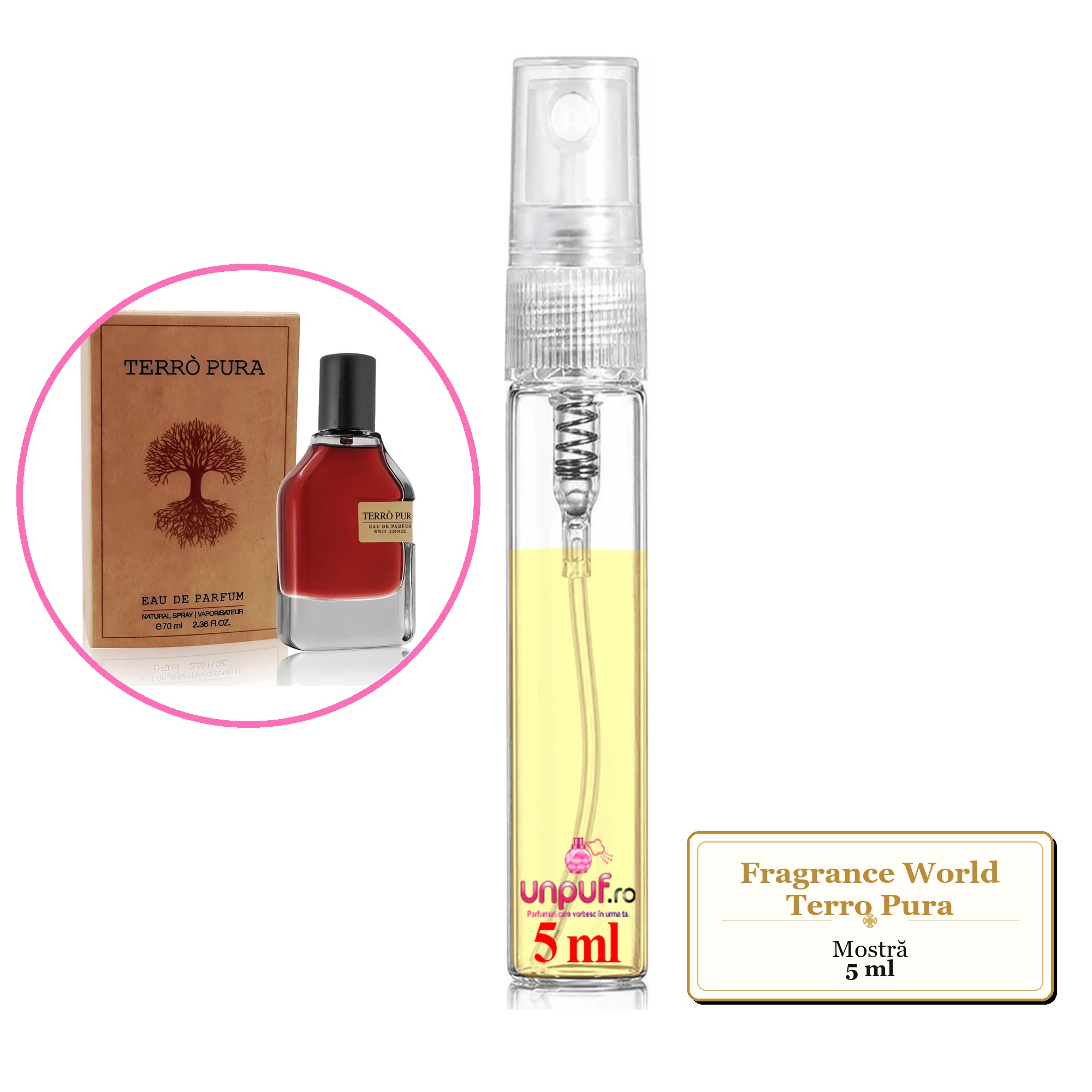 Mostra fiola din Parfumul Fragrance World Terro Pura, decant sticla cu pulverizator 