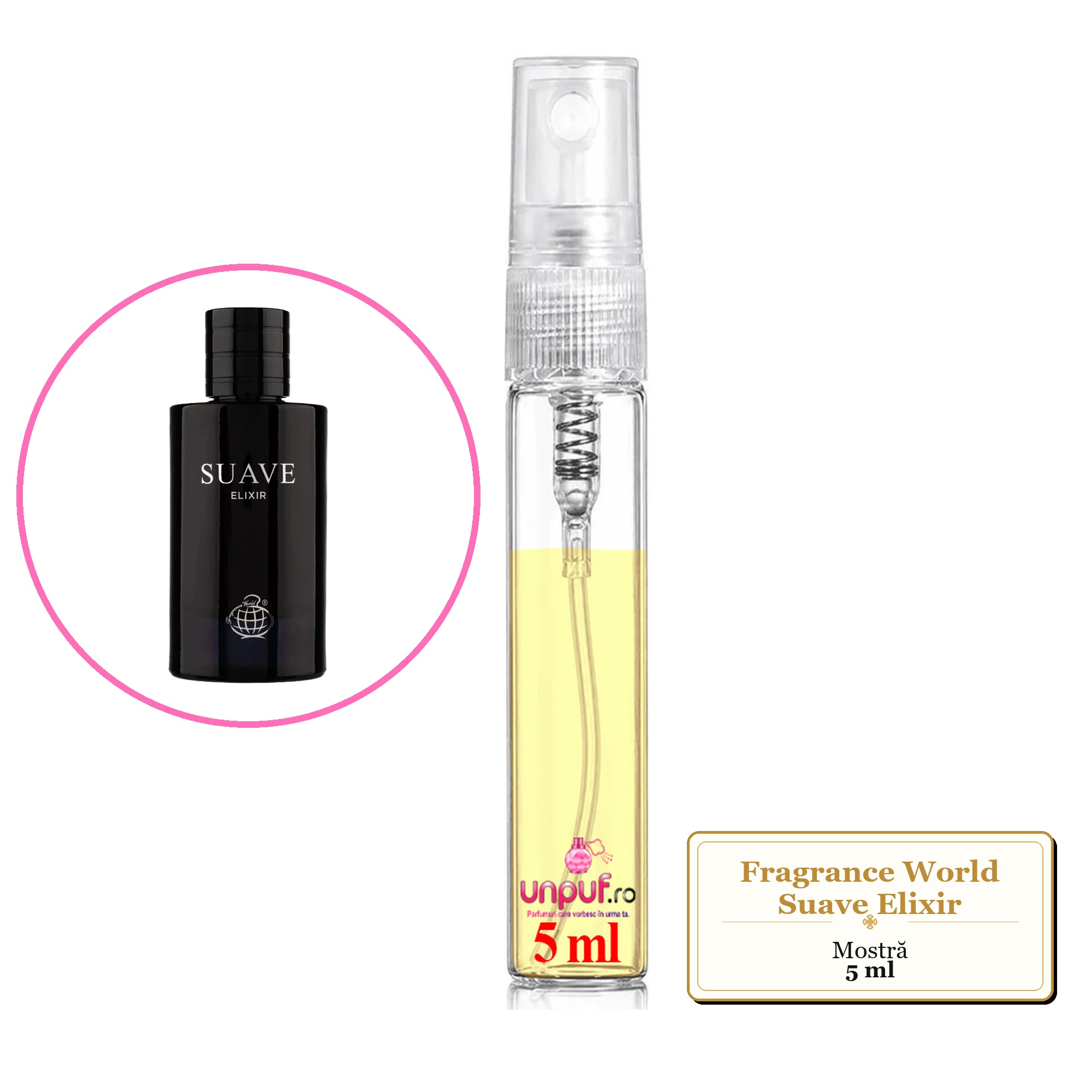 Mostra fiola din Parfumul Fragrance World Suave Elixir, decant sticla cu pulverizator
