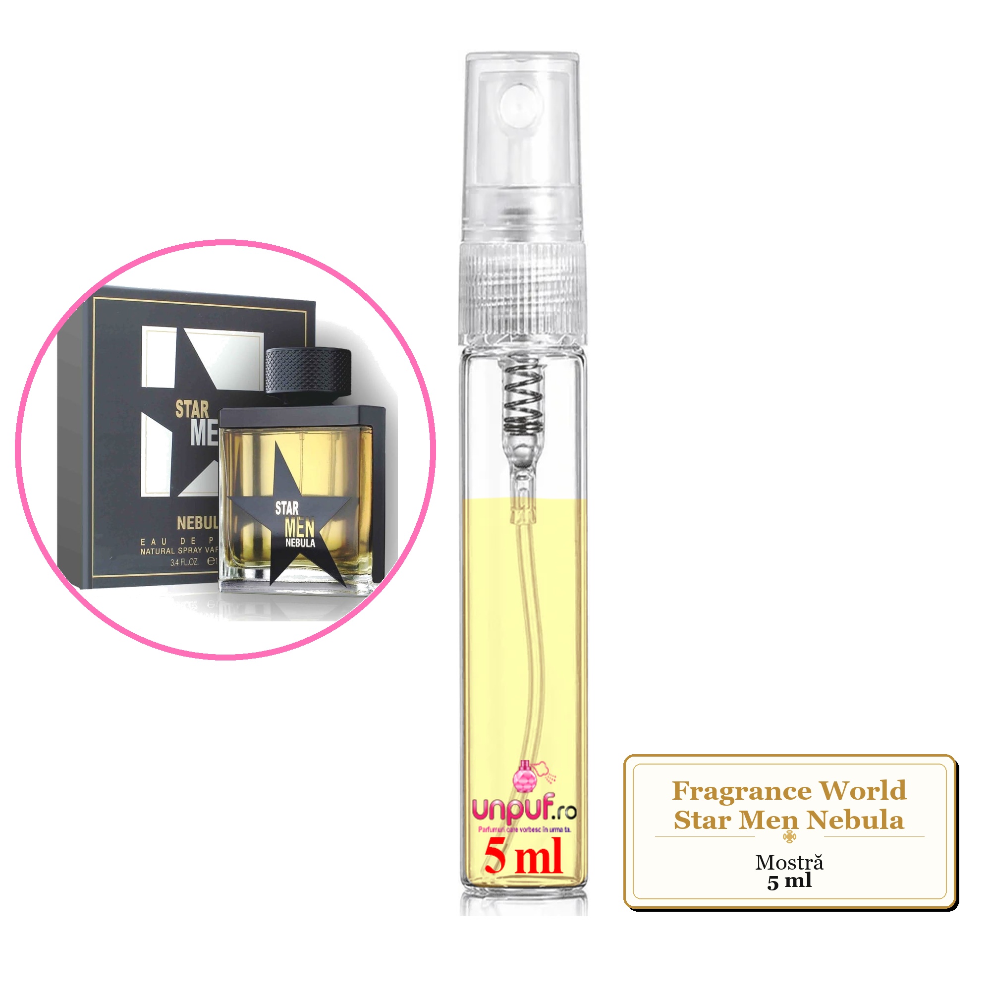 Mostra fiola din Parfumul Fragrance World Star Men Nebula, decant sticla cu pulverizator