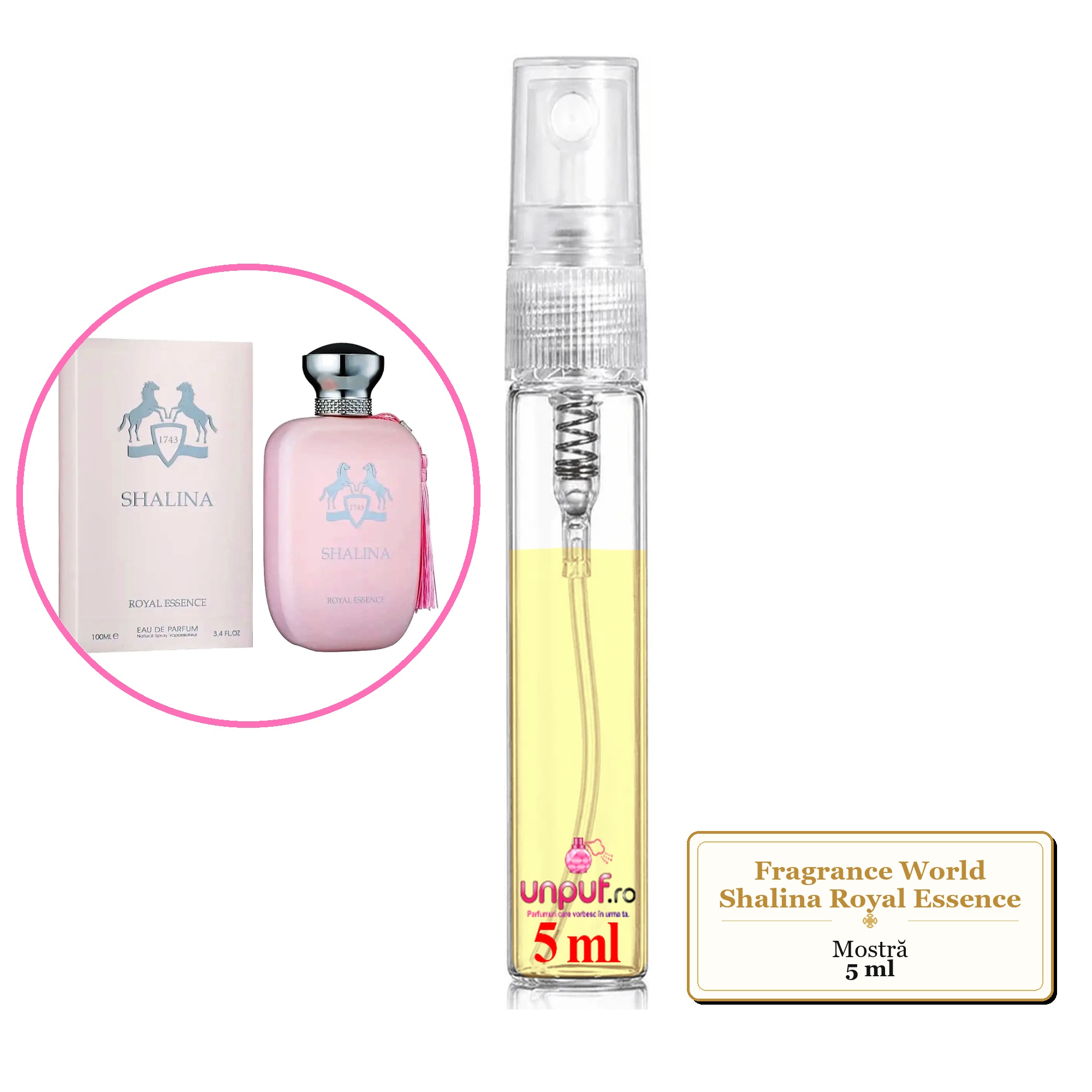 Mostra fiola din Parfumul Fragrance World Shalina Royal Essence, decant sticla cu pulverizator