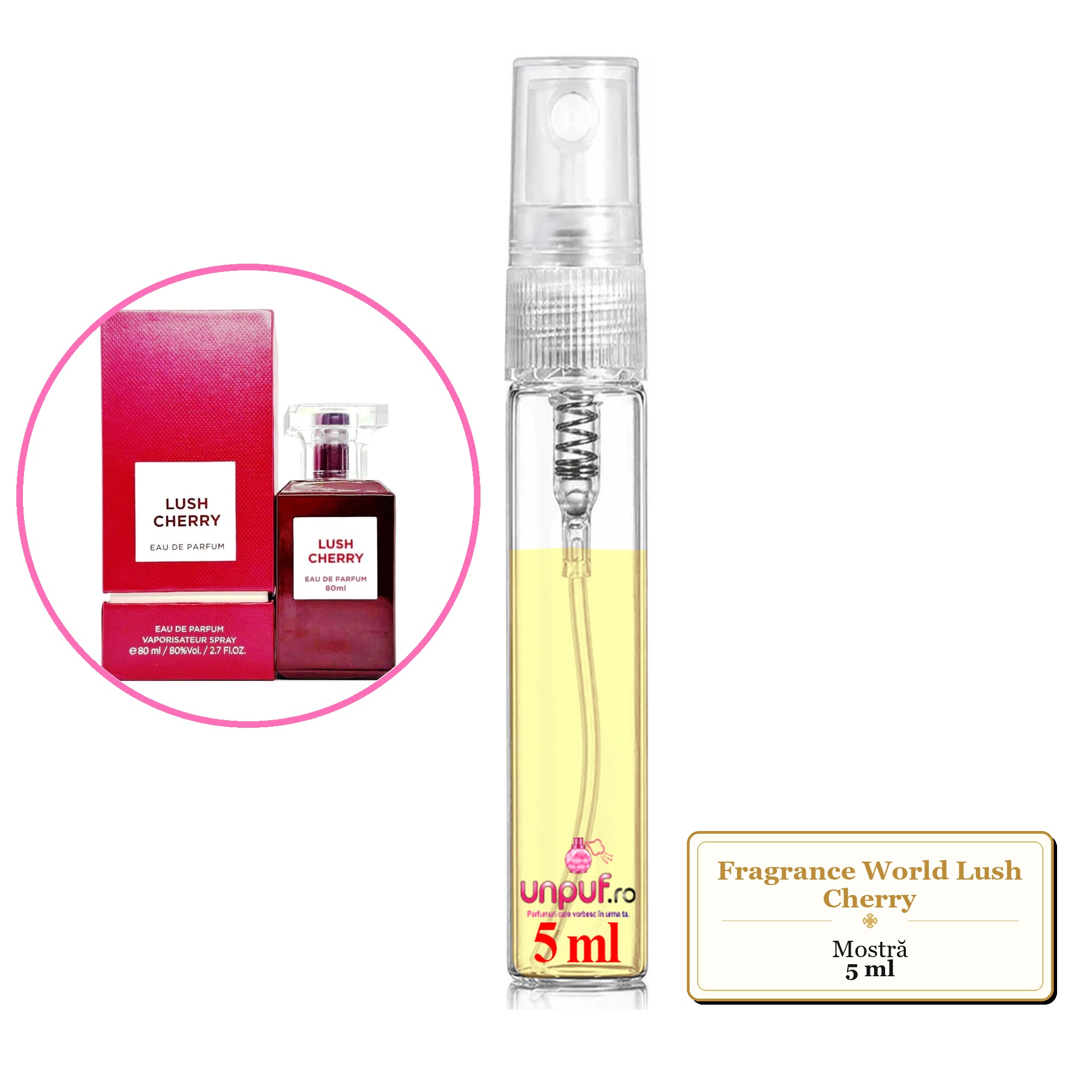 Mostra fiola din Parfumul Fragrance World Lush Cherry, decant sticla cu pulverizator 