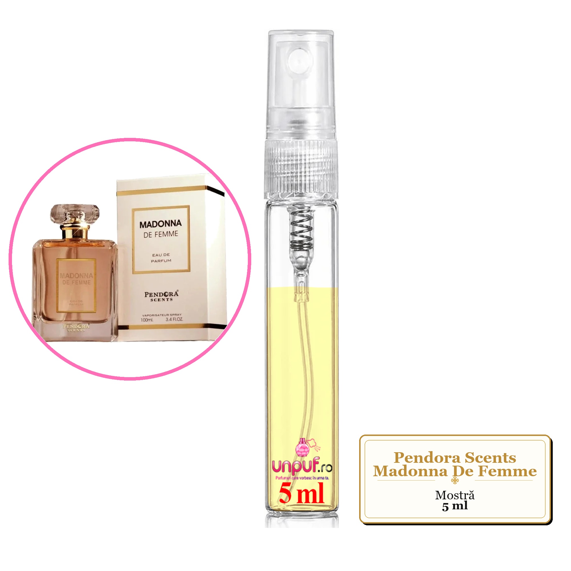 Mostra fiola din Parfumul Pendora Scents Madonna De Femme, decant sticla cu pulverizator 