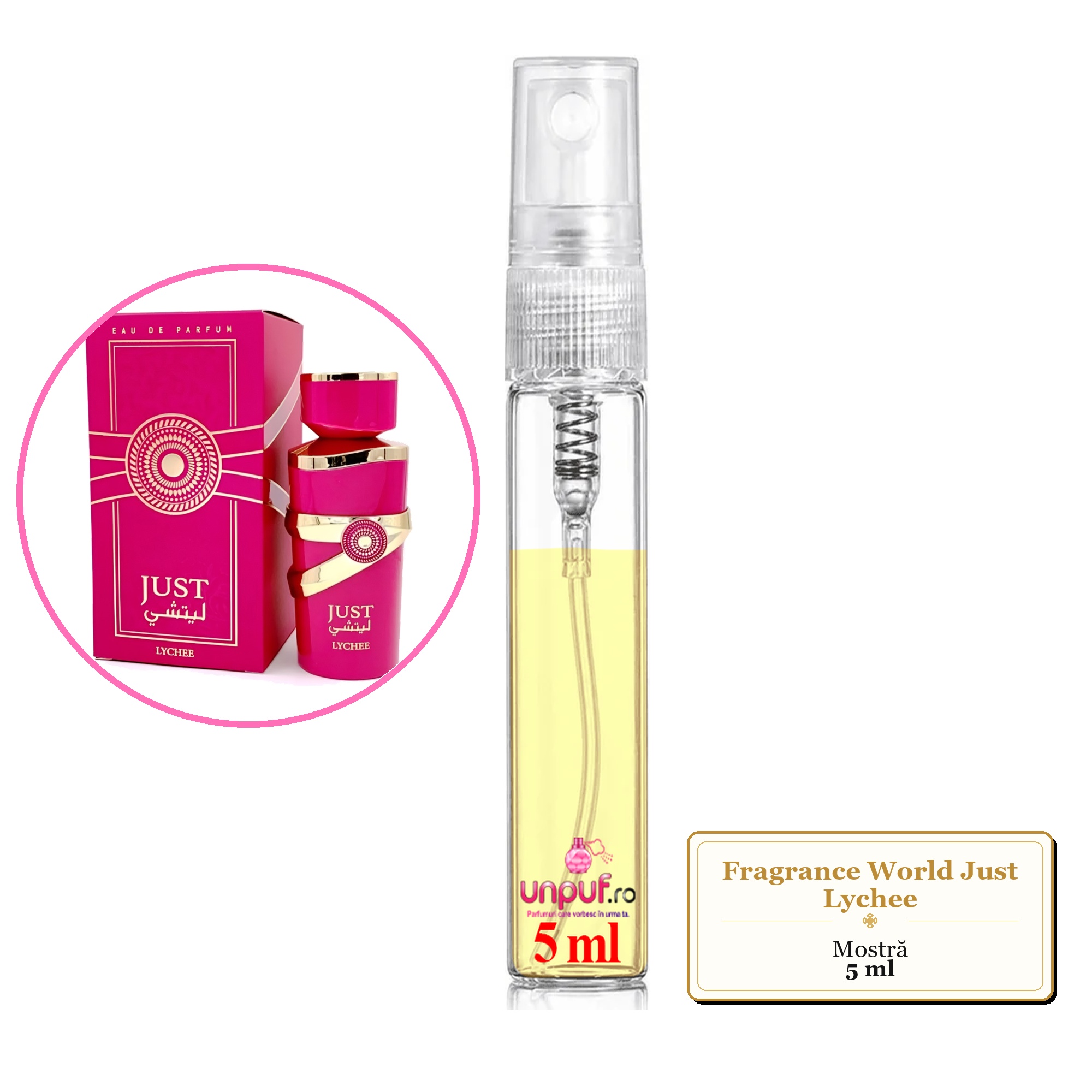 Mostra fiola din Parfumul Fragrance World Just Lychee, decant sticla cu pulverizator