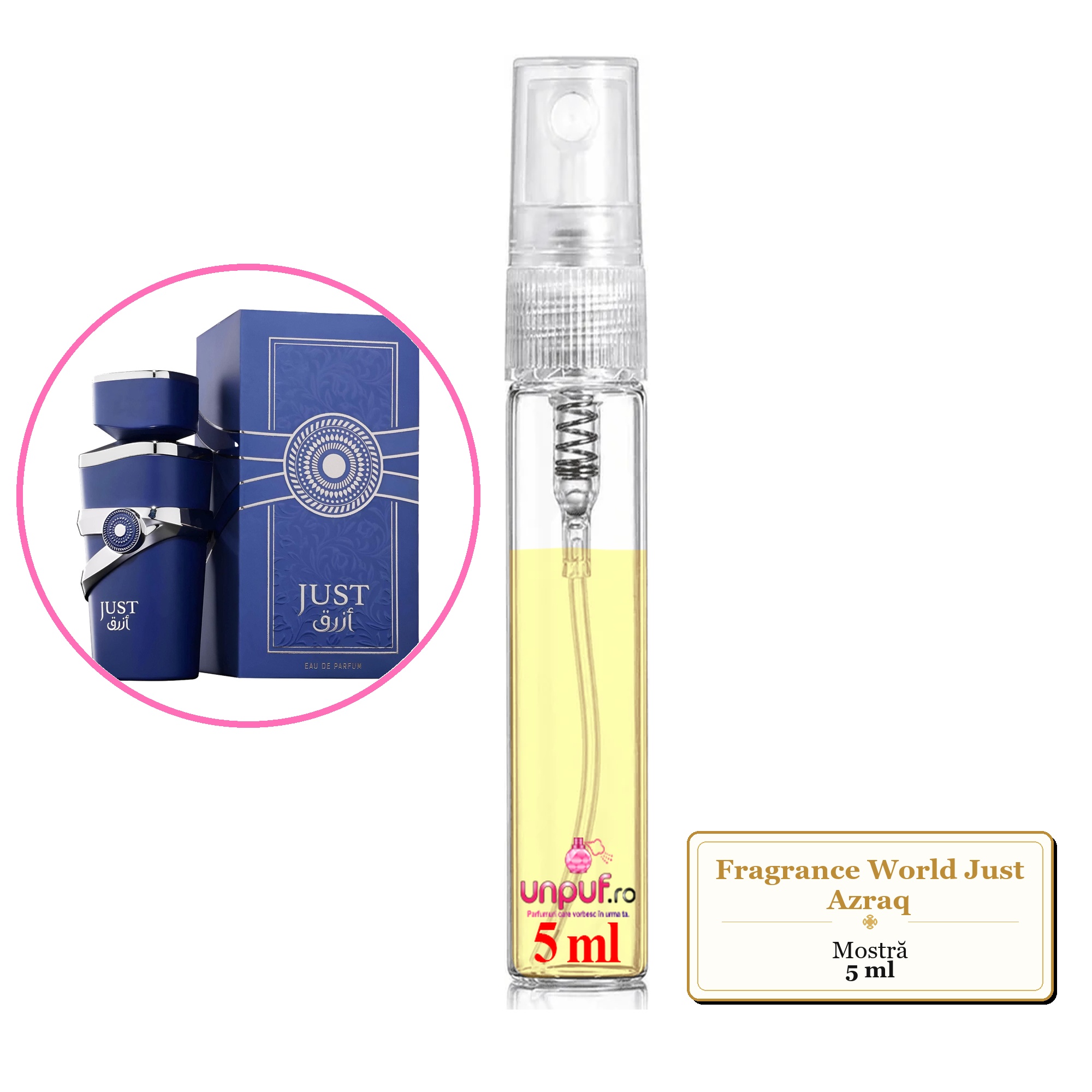 Mostra fiola din Parfumul Fragrance World Just Azraq, decant sticla cu pulverizator 