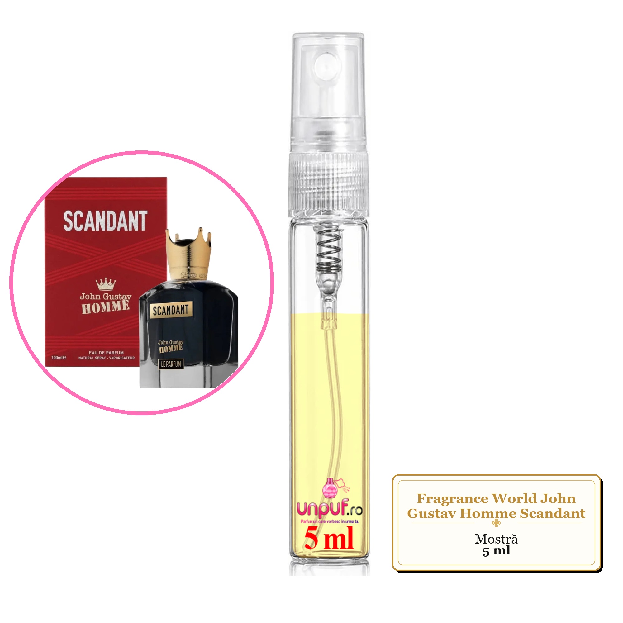 Mostra fiola din Parfumul Fragrance World John Gustav Homme Scandant, decant sticla cu pulverizator 