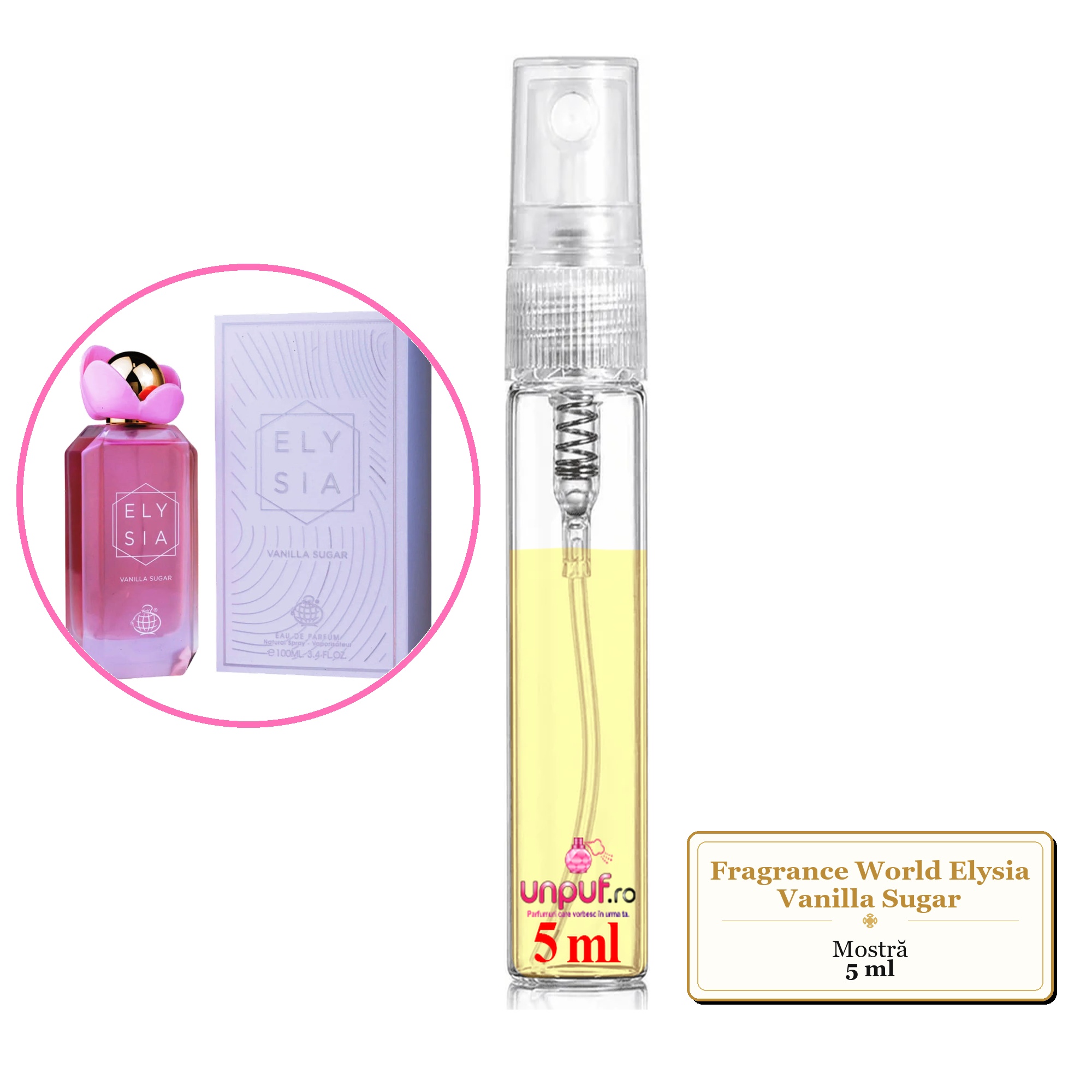 Mostra fiola din Parfumul Fragrance World Elysia Vanilla Sugar, decant sticla cu pulverizator