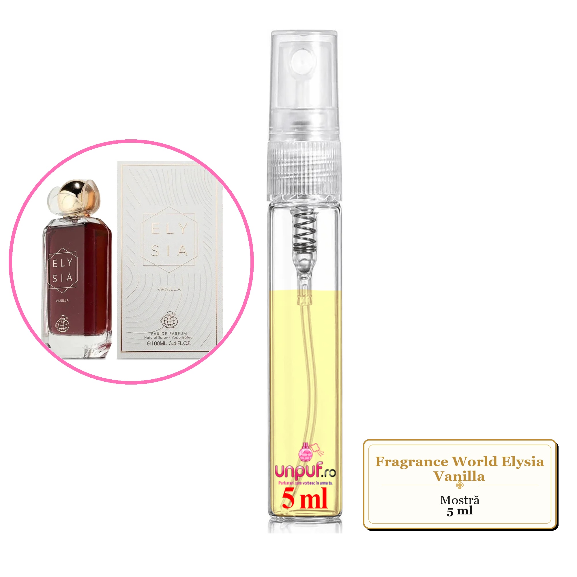 Mostra fiola din Parfumul Fragrance World Elysia Vanilla, decant sticla cu pulverizator