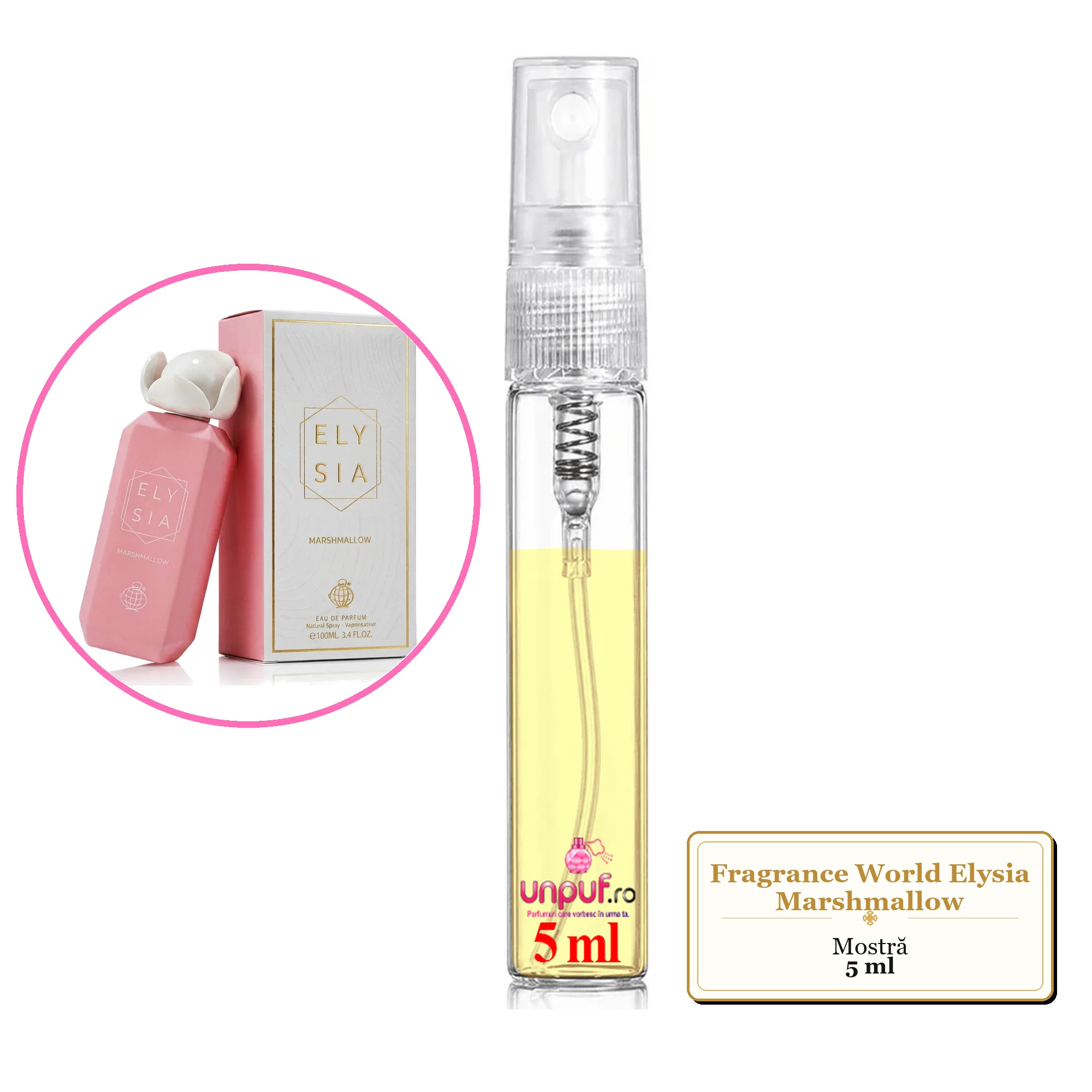Mostra fiola din Parfumul Fragrance World Elysia Marshmallow, decant sticla cu pulverizator 