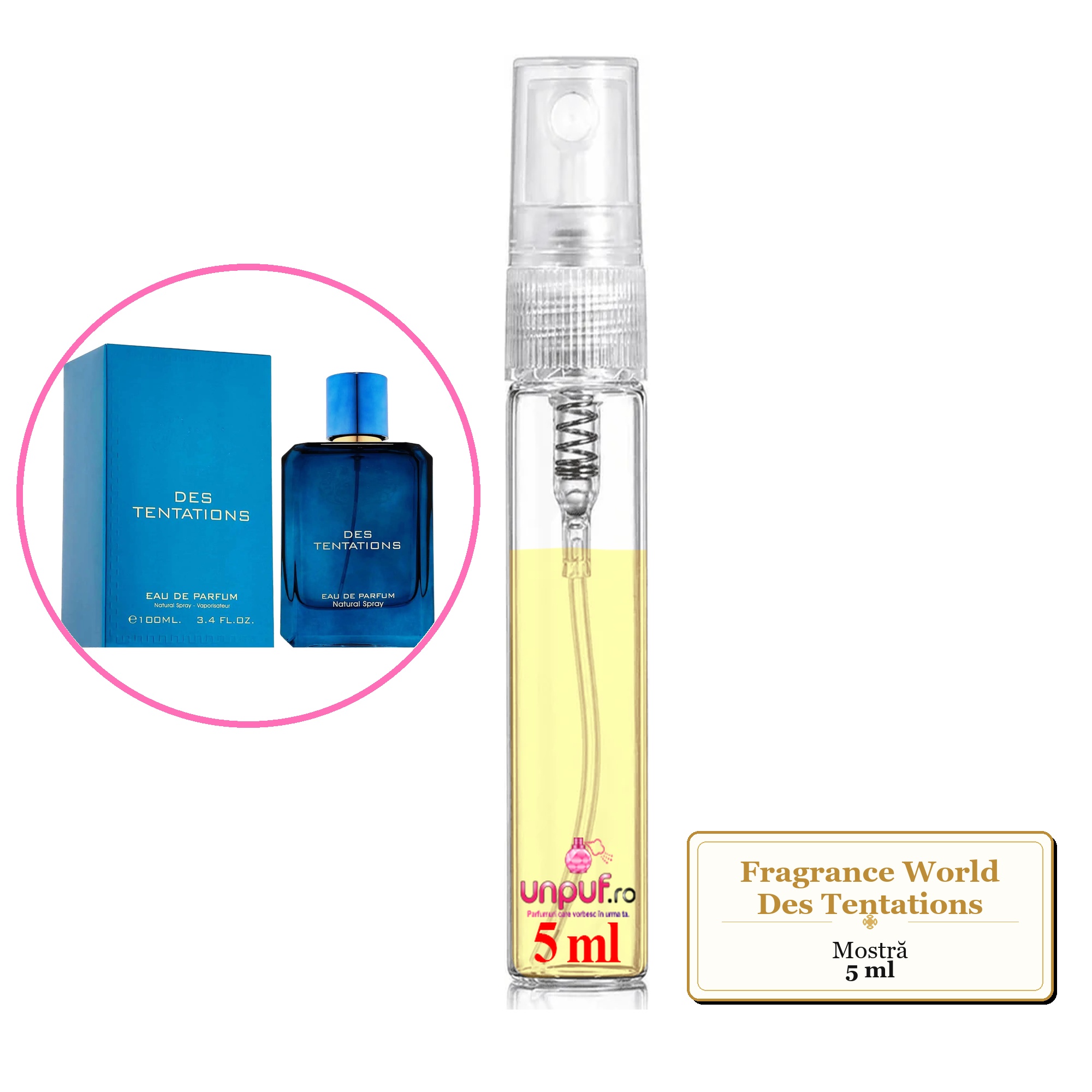 Mostra fiola din Parfumul Fragrance World Des Tentations, decant sticla cu pulverizator