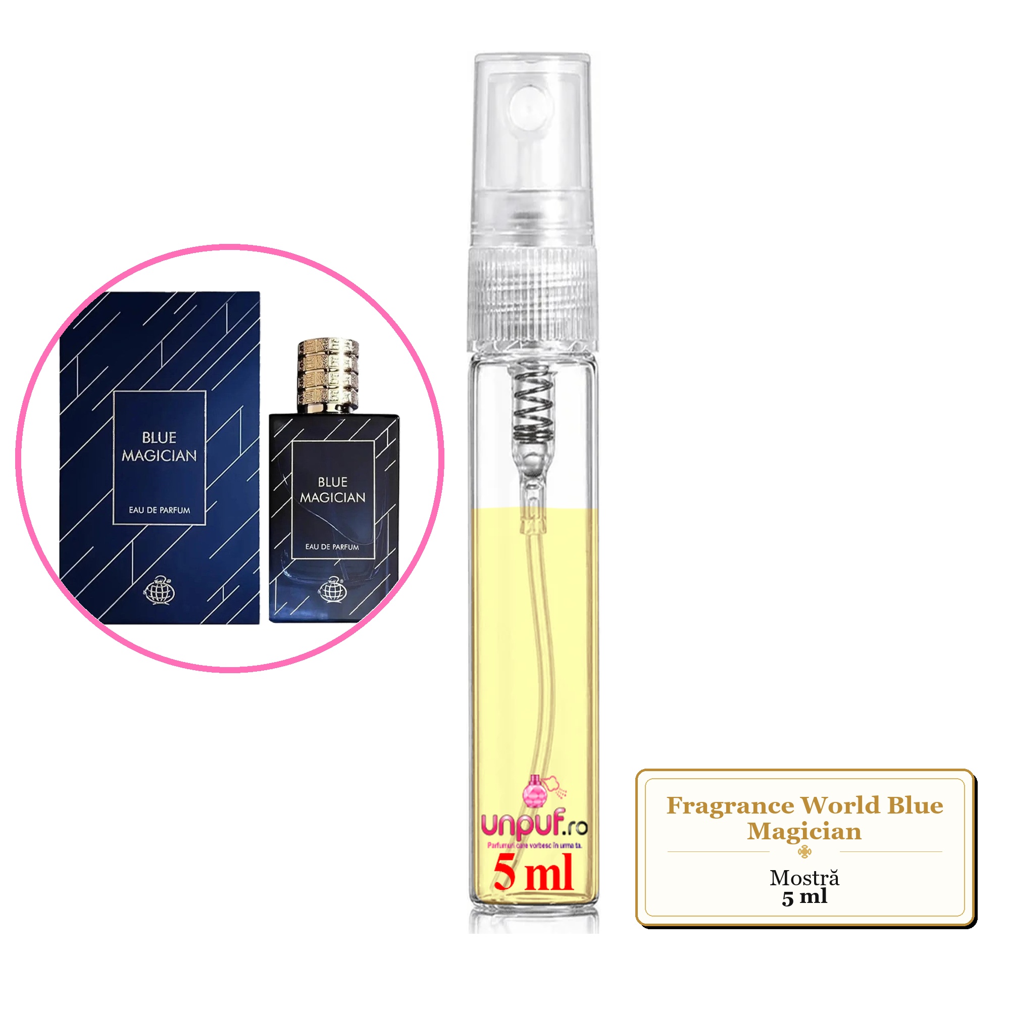 Mostra fiola din Parfumul Fragrance World Blue Magician, decant sticla cu pulverizator