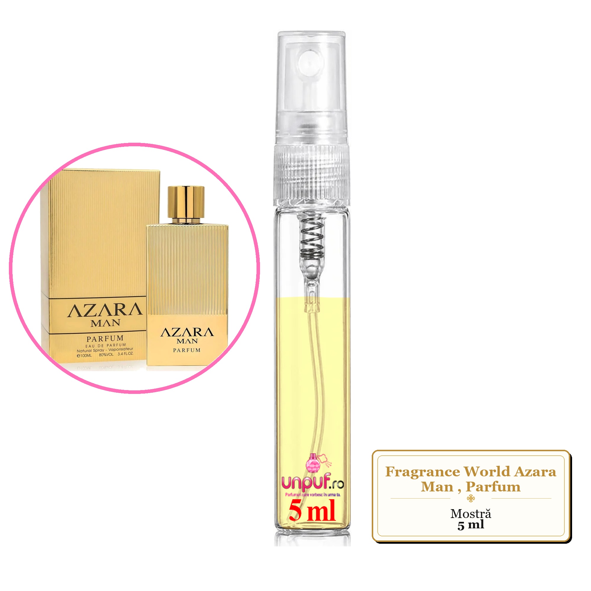 Mostra fiola din Parfumul Fragrance World Azara Man, Parfum, decant sticla cu pulverizator 