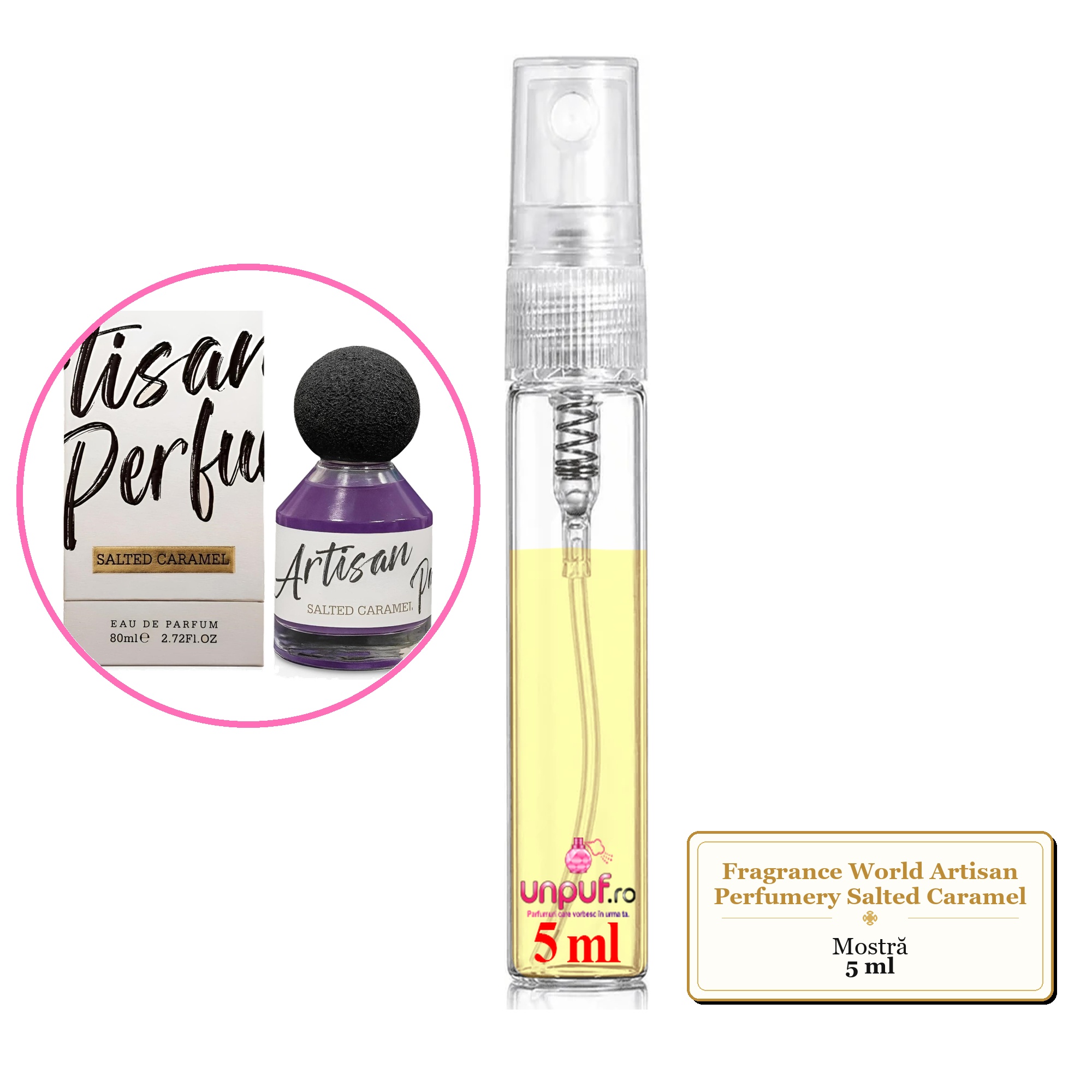 Mostra fiola din Parfumul Fragrance World Artisan Perfumery Salted Caramel, decant sticla cu pulverizator