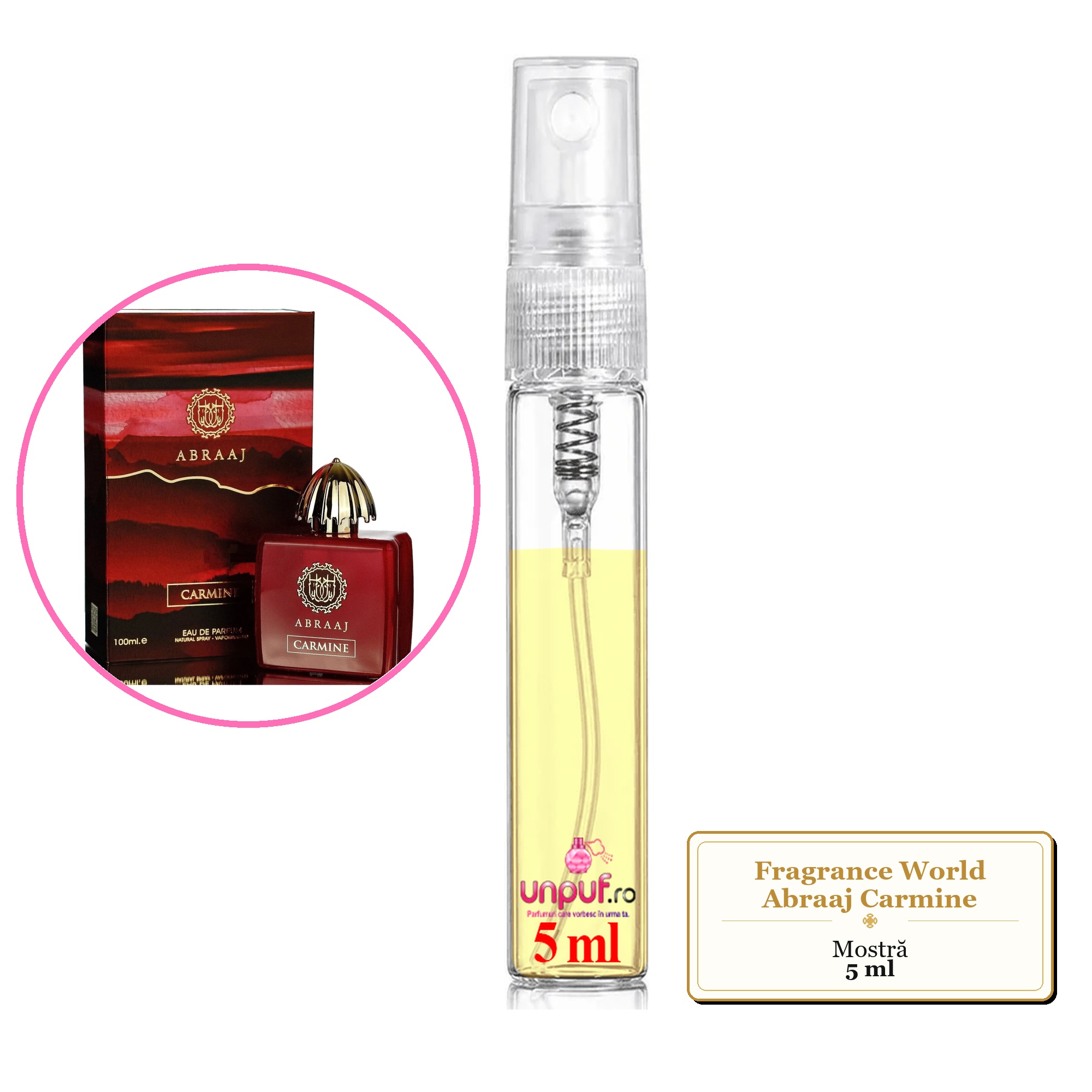 Mostra fiola din Parfumul Fragrance World Abraaj Carmine, decant sticla cu pulverizator