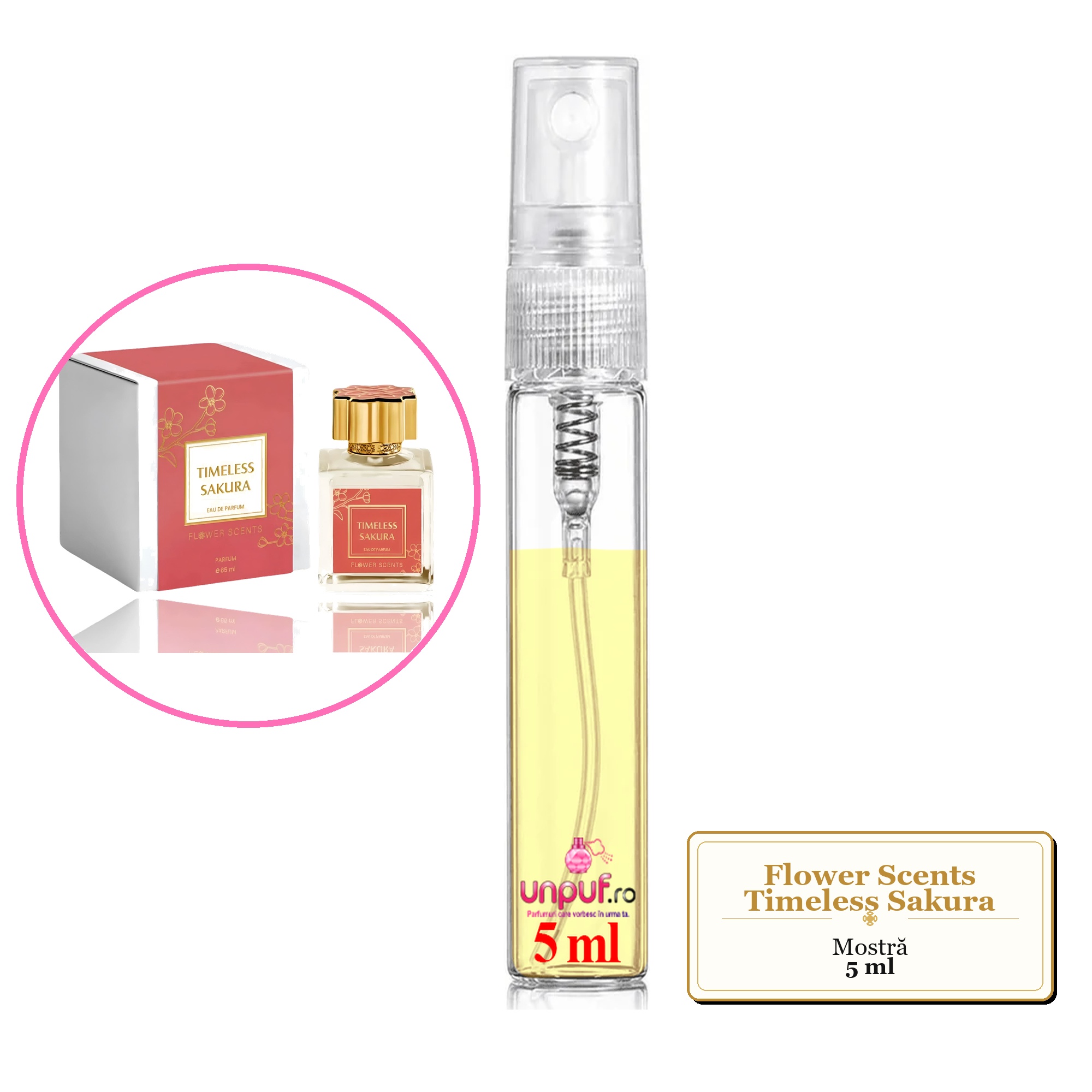 Mostra fiola din Parfumul Flower Scents Timeless Sakura, decant sticla cu pulverizator 