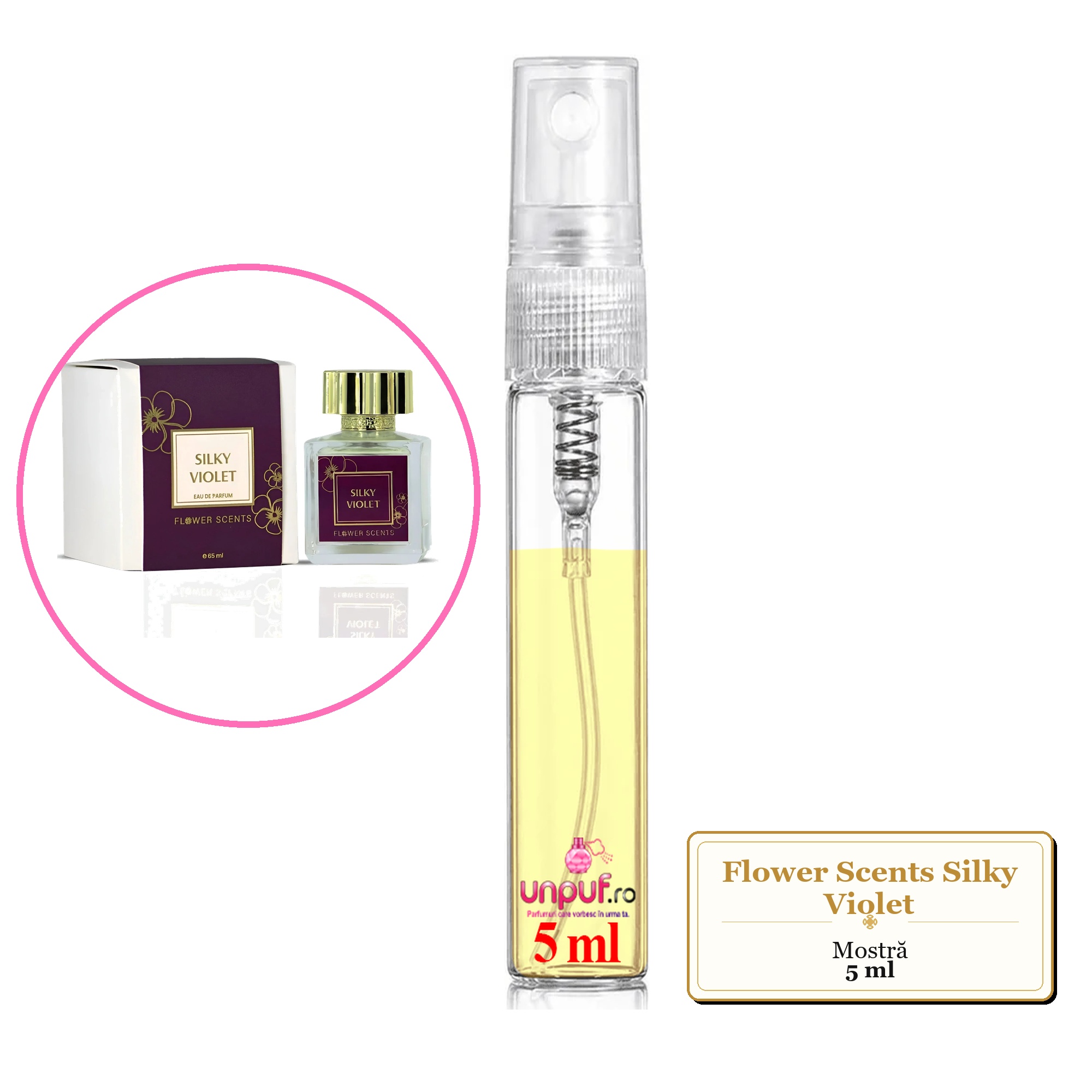 Mostra fiola din Parfumul Flower Scents Silky Violet, decant sticla cu pulverizator 