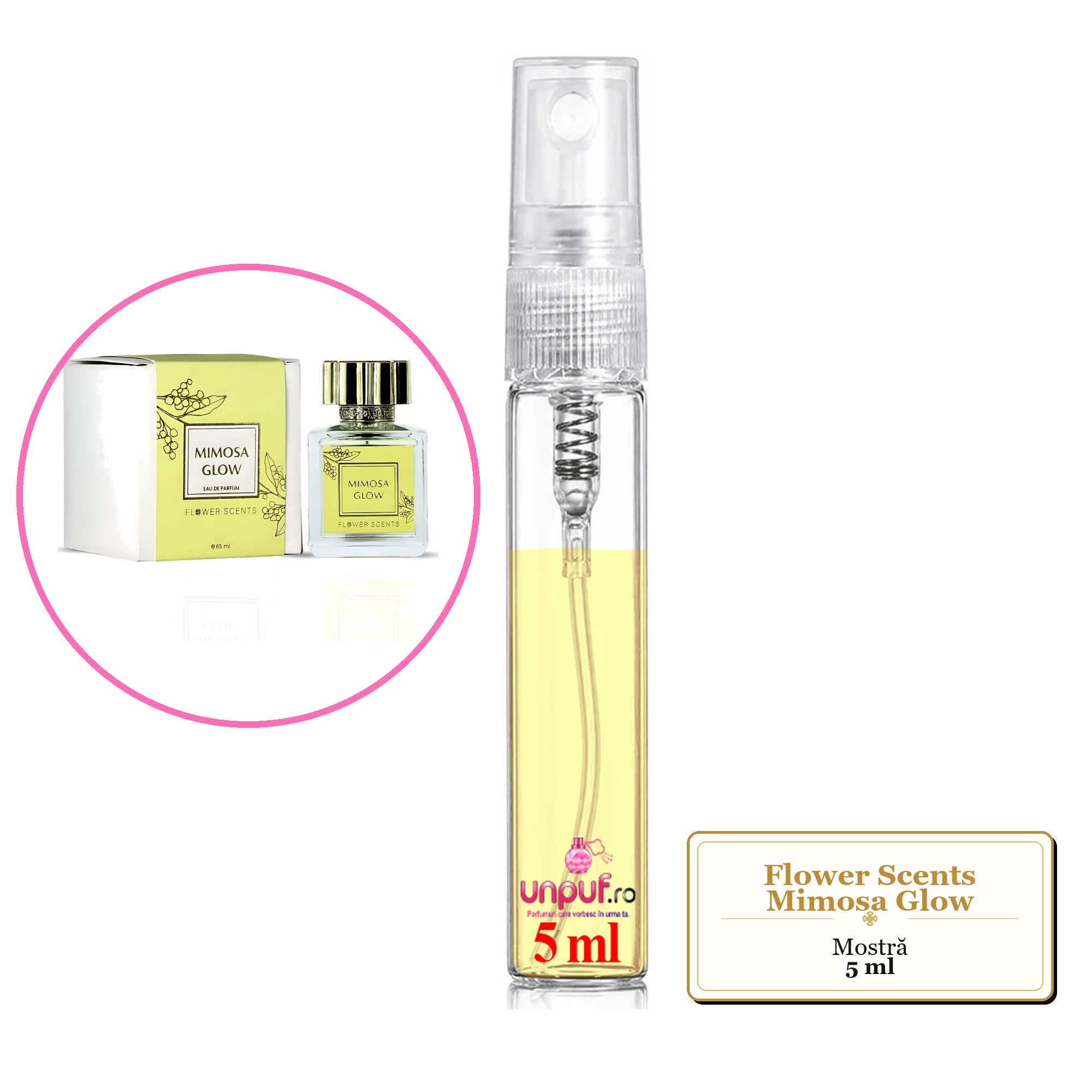 Mostra fiola din Parfumul Flower Scents Mimosa Glow, decant sticla cu pulverizator 