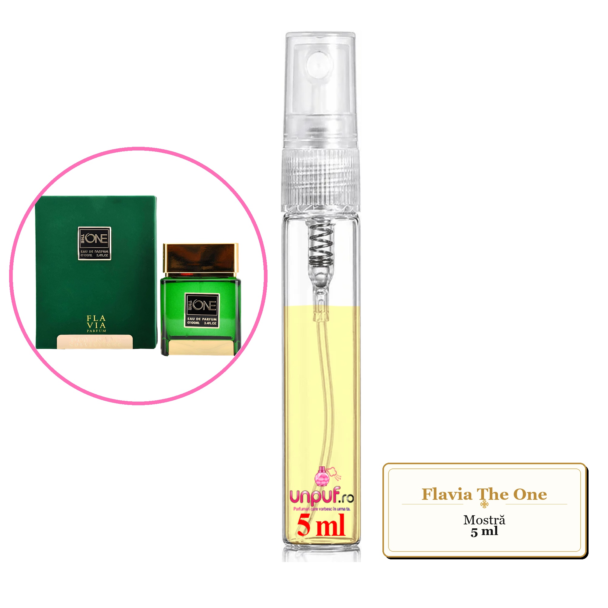 Mostra fiola din Parfumul Flavia The One, decant sticla cu pulverizator 