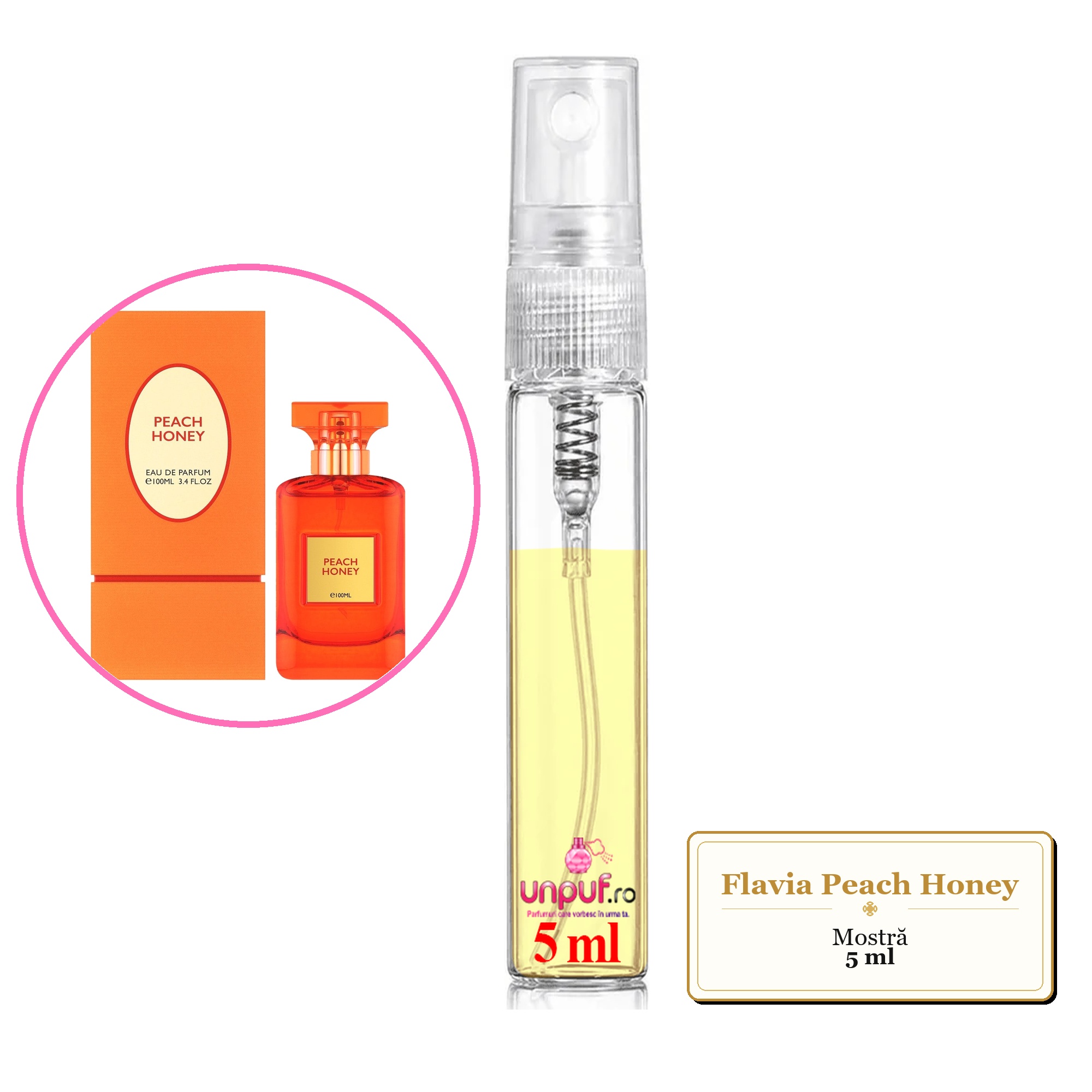 Mostra fiola din Parfumul Flavia Peach Honey, decant sticla cu pulverizator