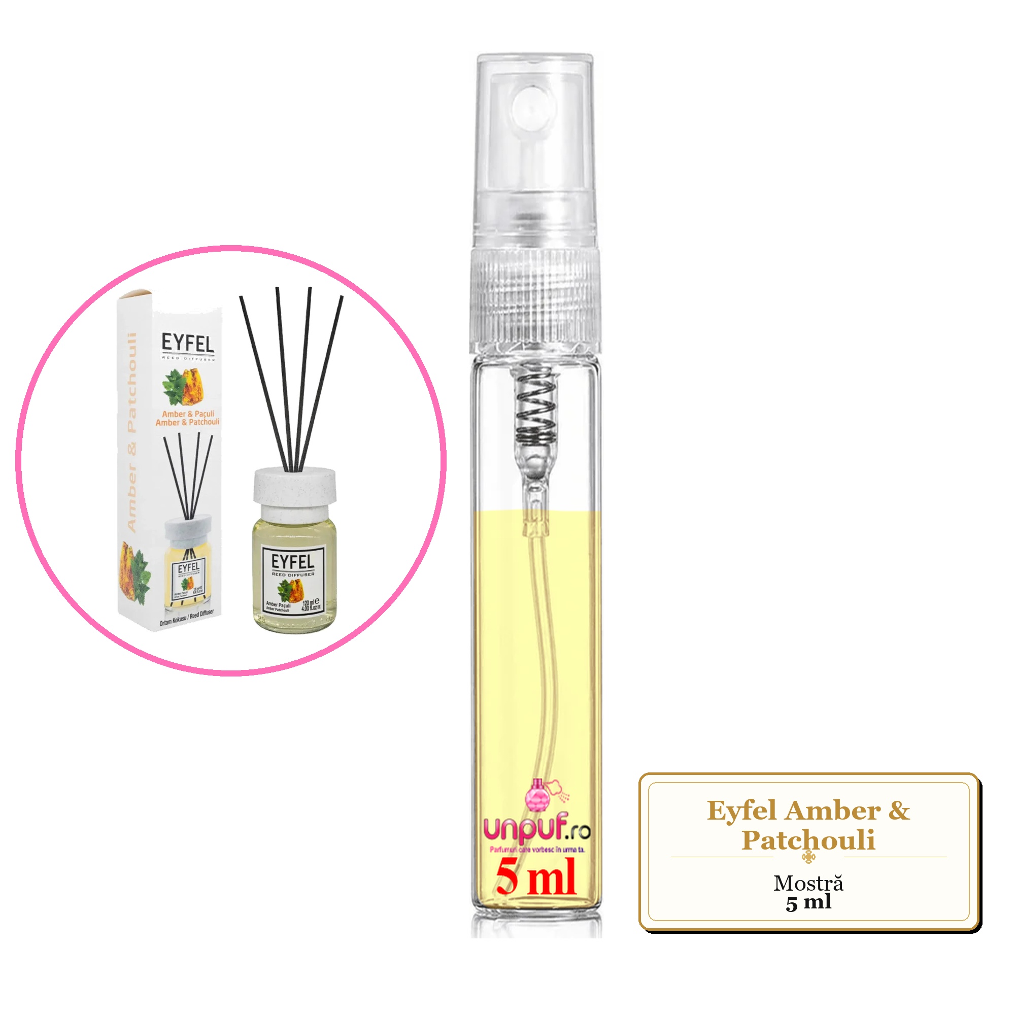 Mostra fiola din Parfumul Eyfel Amber & Patchouli, decant sticla cu pulverizator 