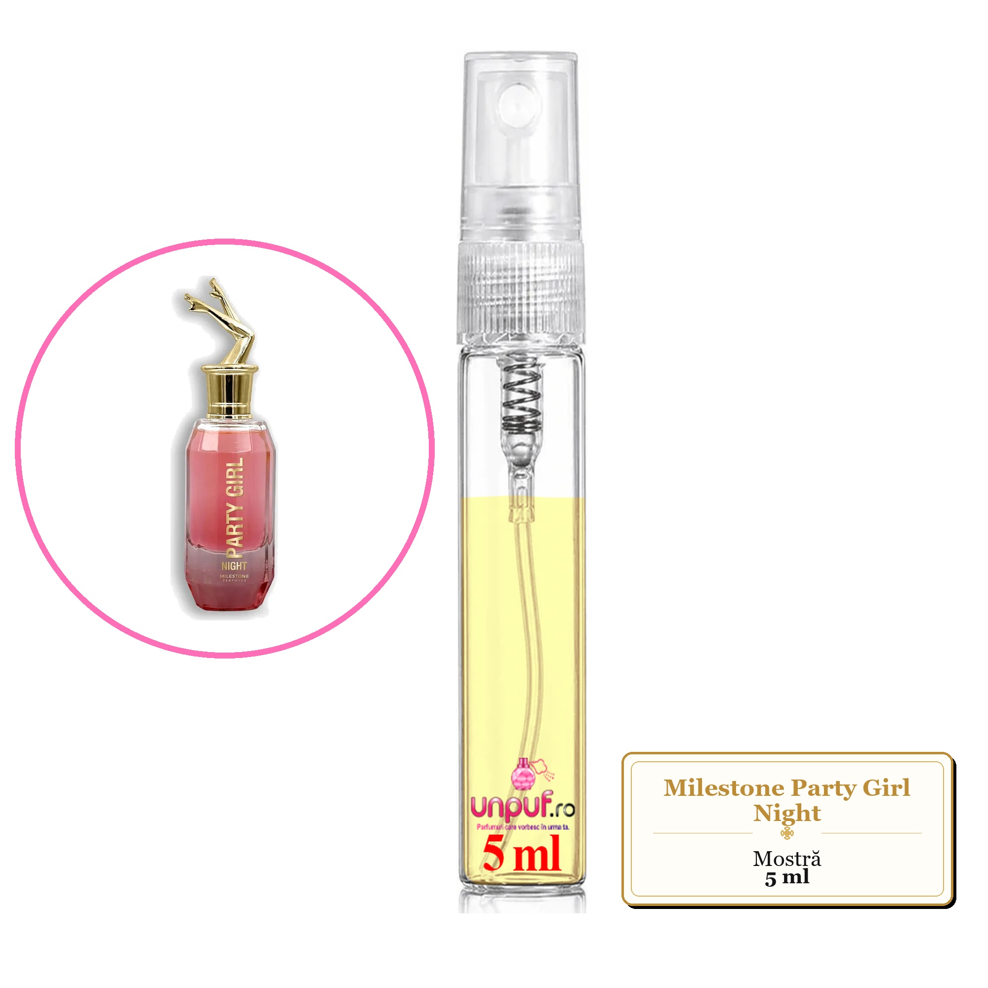 Mostra fiola din Parfumul Milestone Party Girl Night, decant sticla cu pulverizator