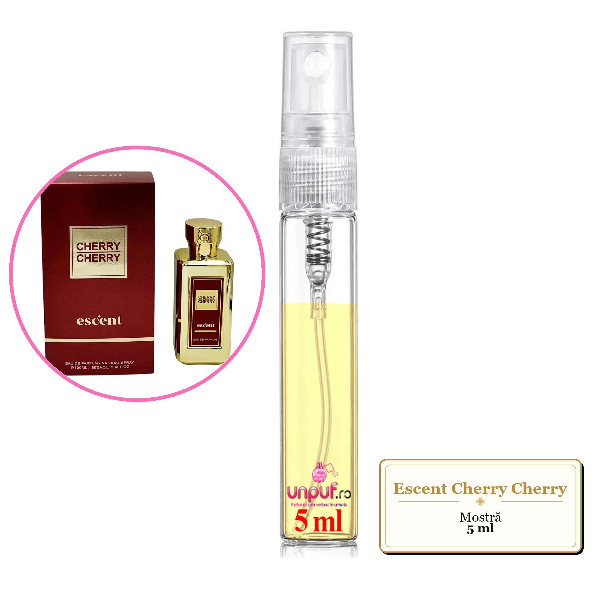 Mostra fiola din Parfumul Escent Cherry Cherry, decant sticla cu pulverizator