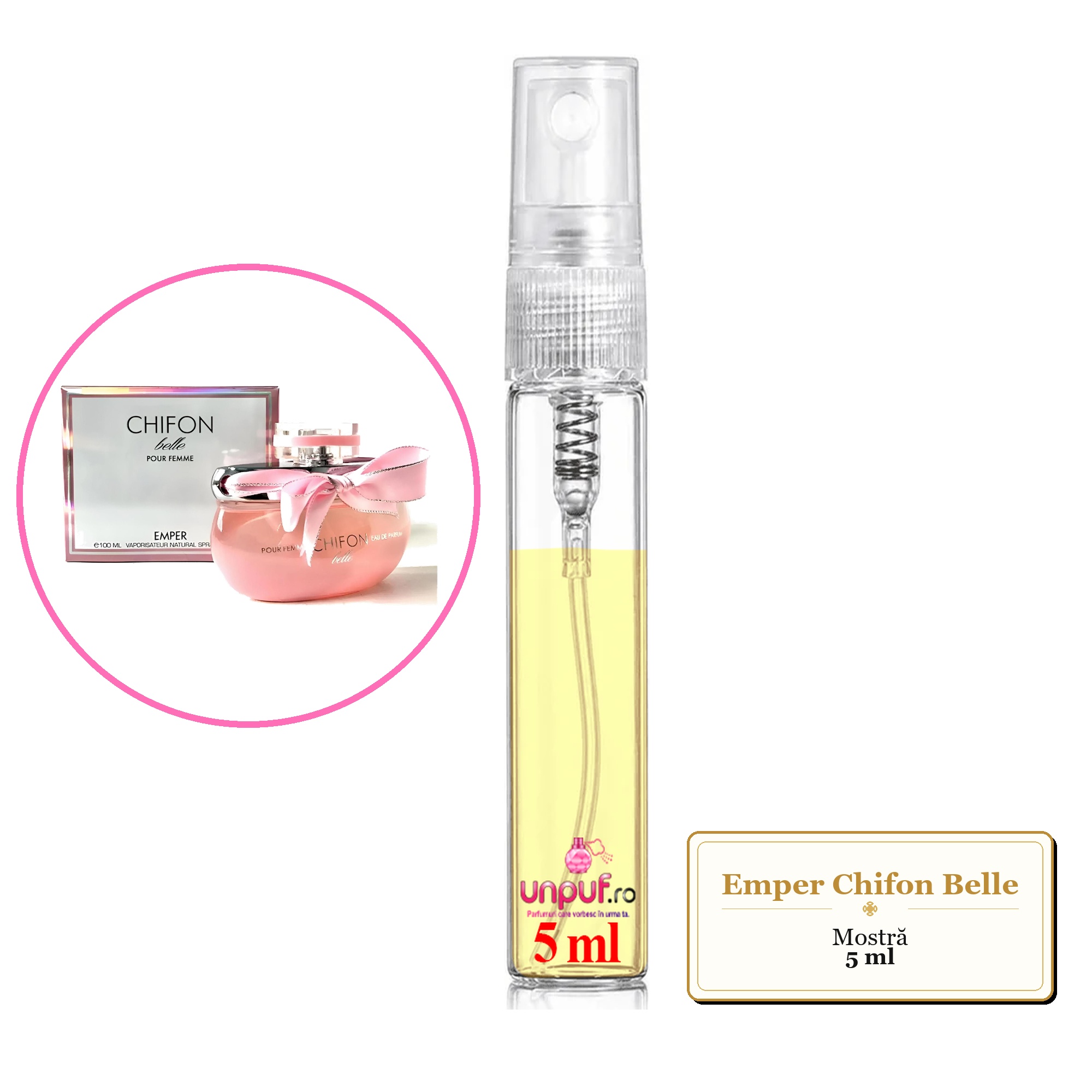Mostra fiola din Parfumul Emper Chifon Belle, decant sticla cu pulverizator