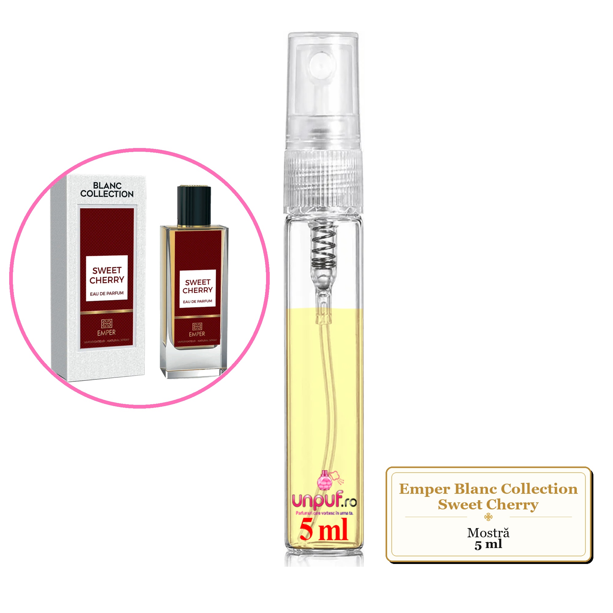 Mostra fiola din Parfumul Emper Blanc Collection Sweet Cherry, decant sticla cu pulverizator