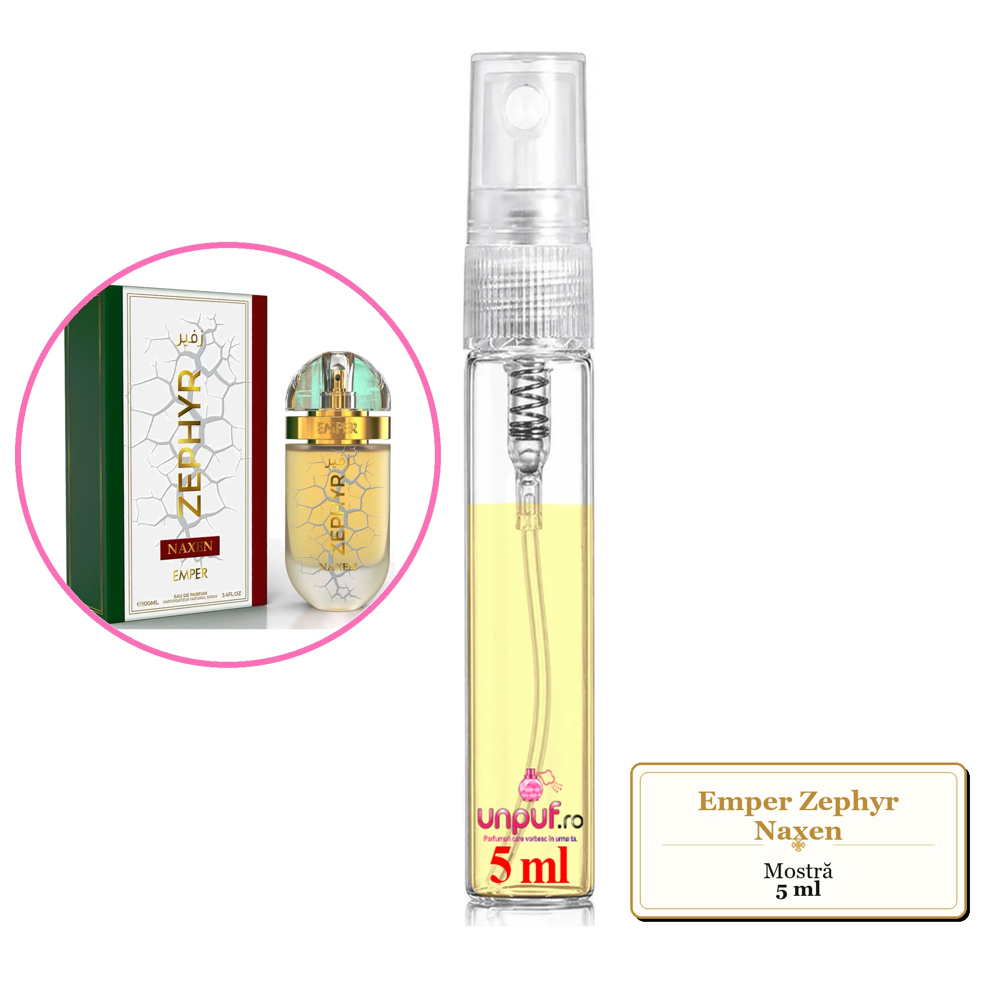 Mostra fiola din Parfumul Emper Zephyr Naxen, decant sticla cu pulverizator