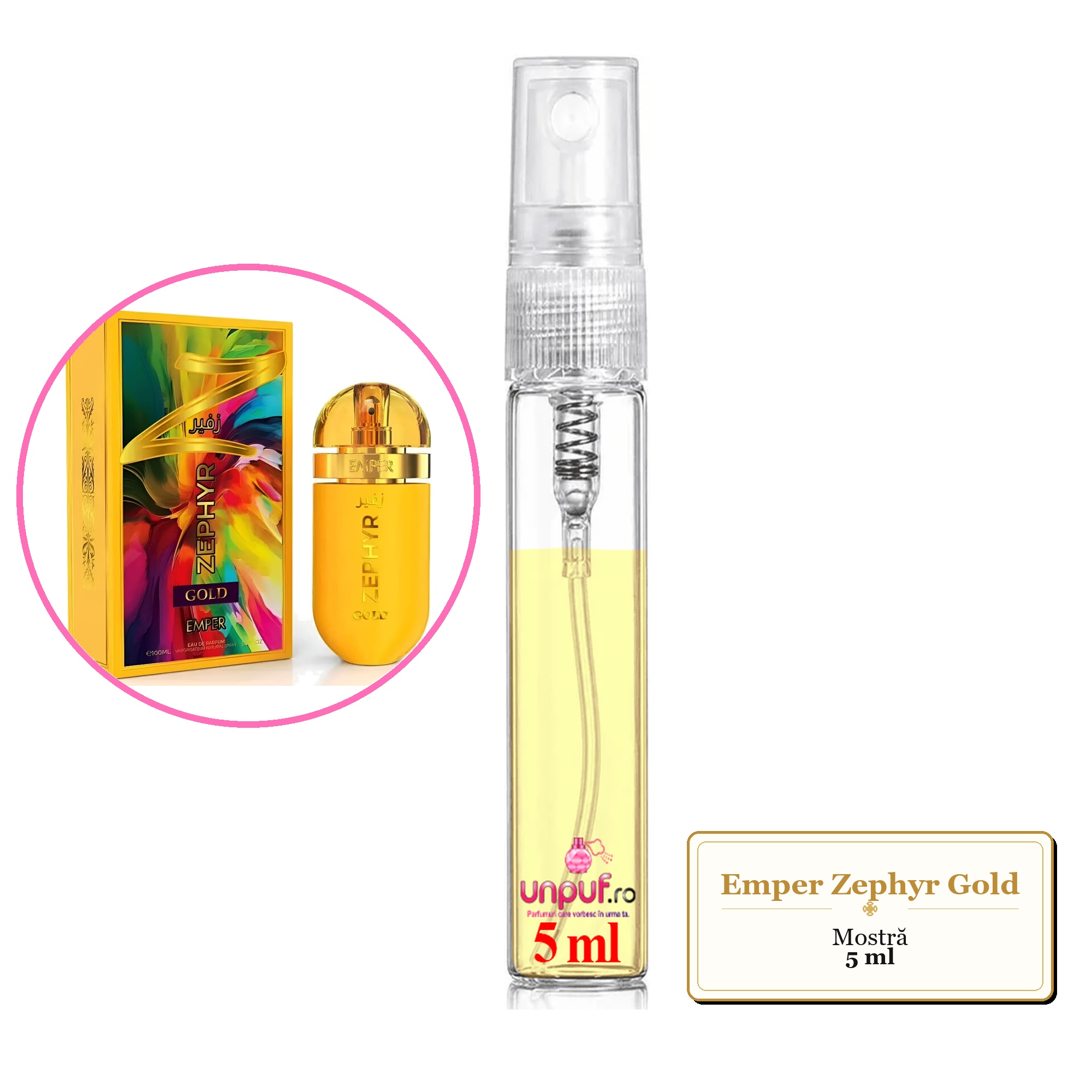 Mostra fiola din Parfumul Emper Zephyr Gold, decant sticla cu pulverizator