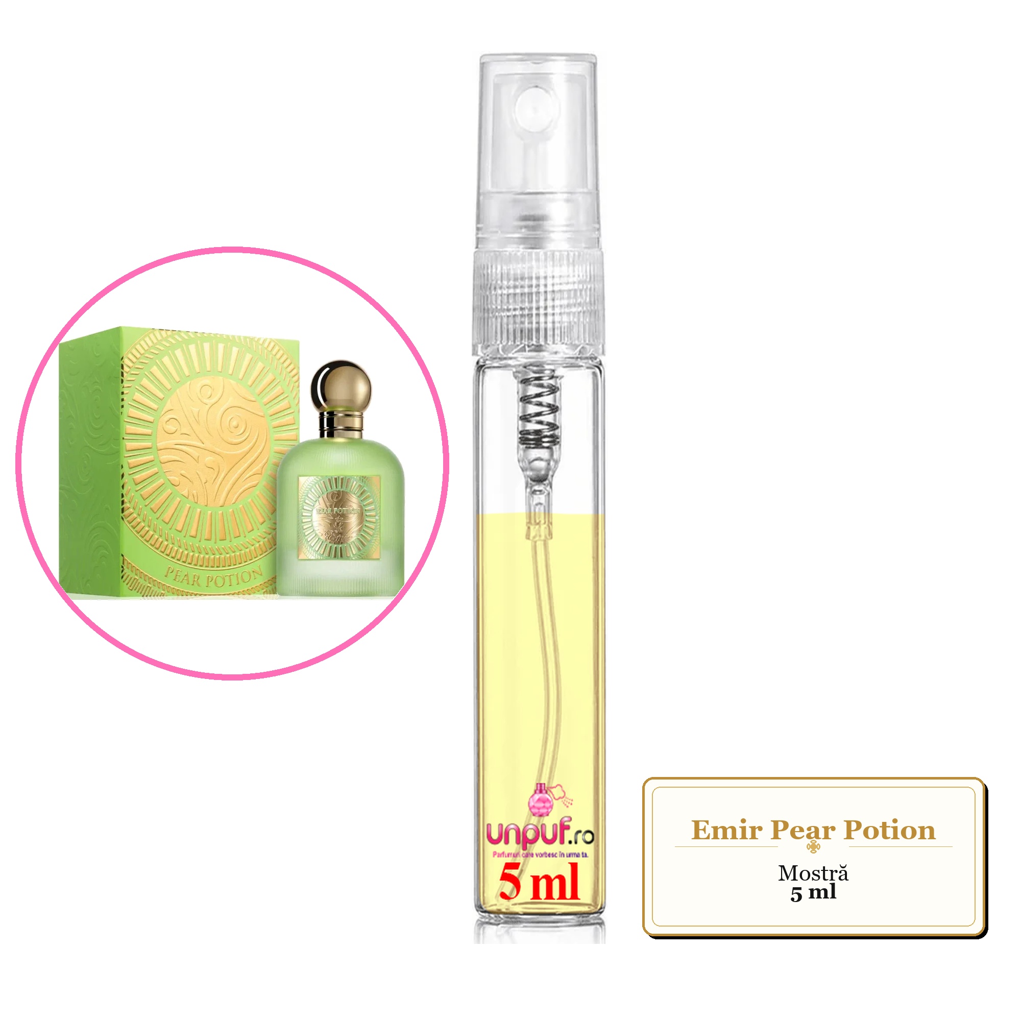 Mostra fiola din Parfumul Emir Pear Potion, decant sticla cu pulverizator 