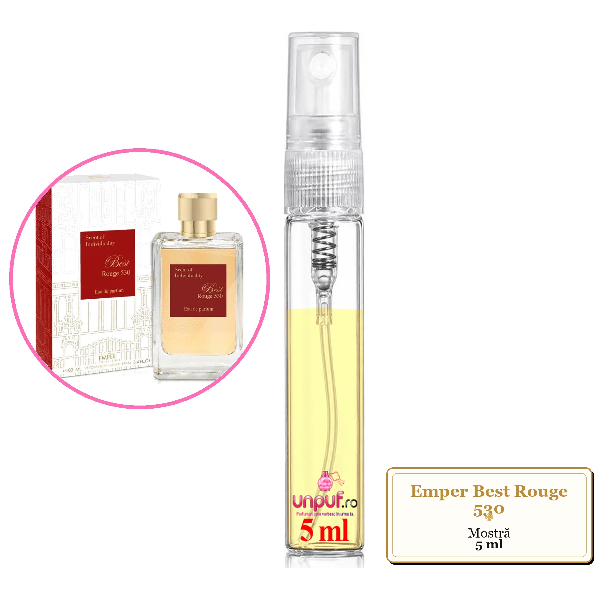 Mostra fiola din Parfumul Emper Best Rouge 530, decant sticla cu pulverizator