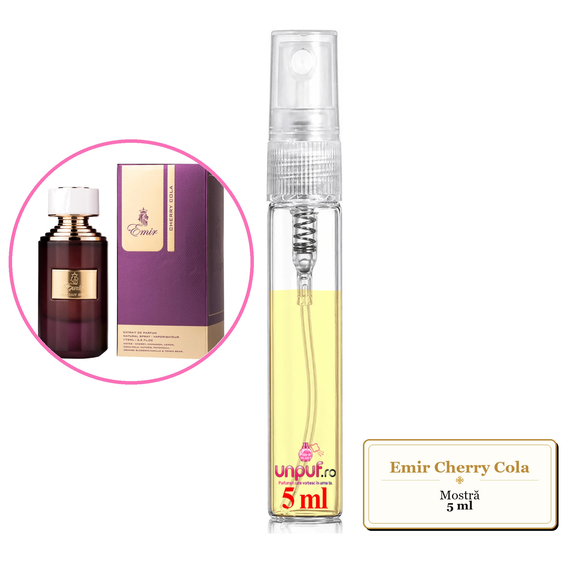 Mostra fiola din Parfumul Emir Cherry Cola, decant sticla cu pulverizator