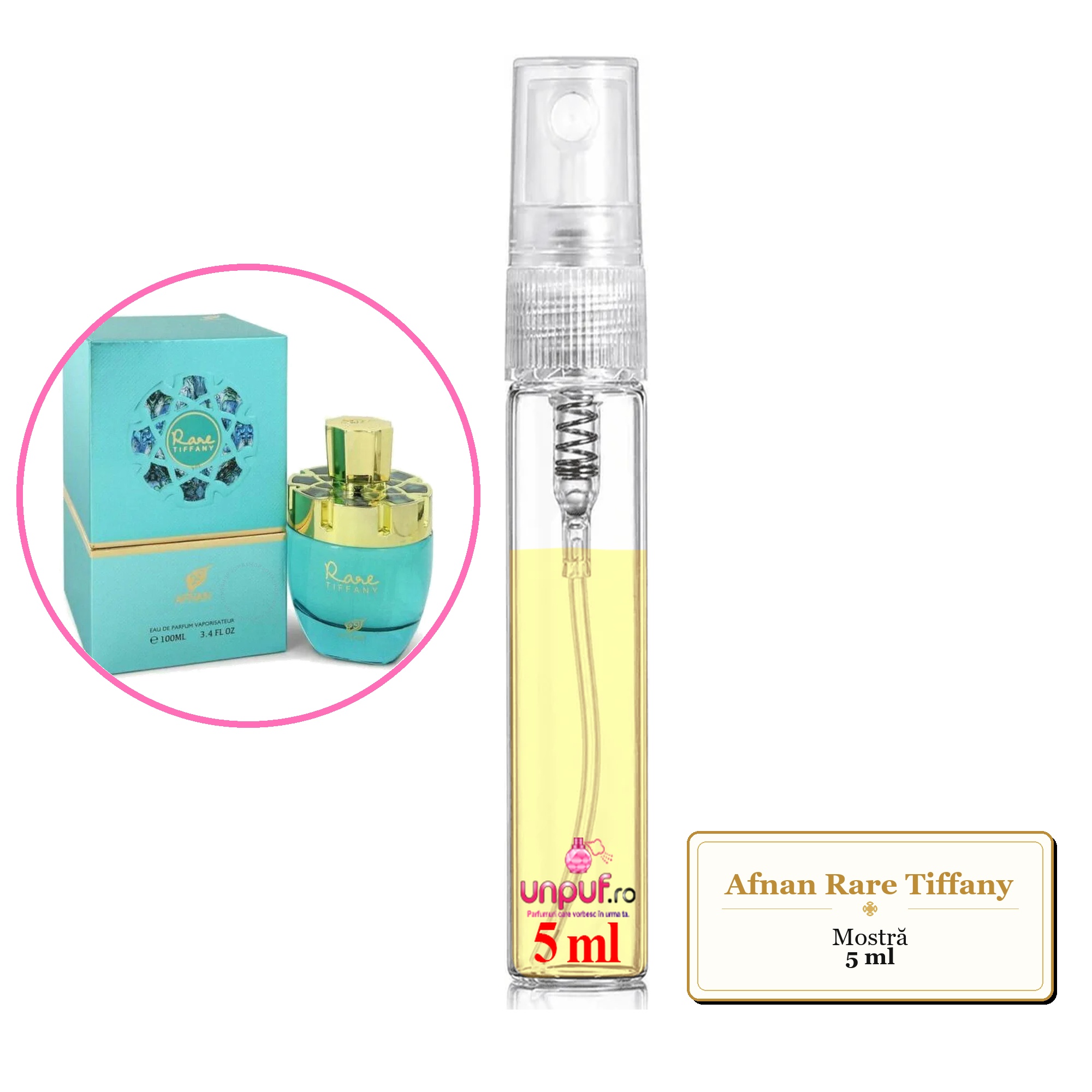 Mostra fiola din Parfumul Afnan Rare Tiffany, decant sticla cu pulverizator