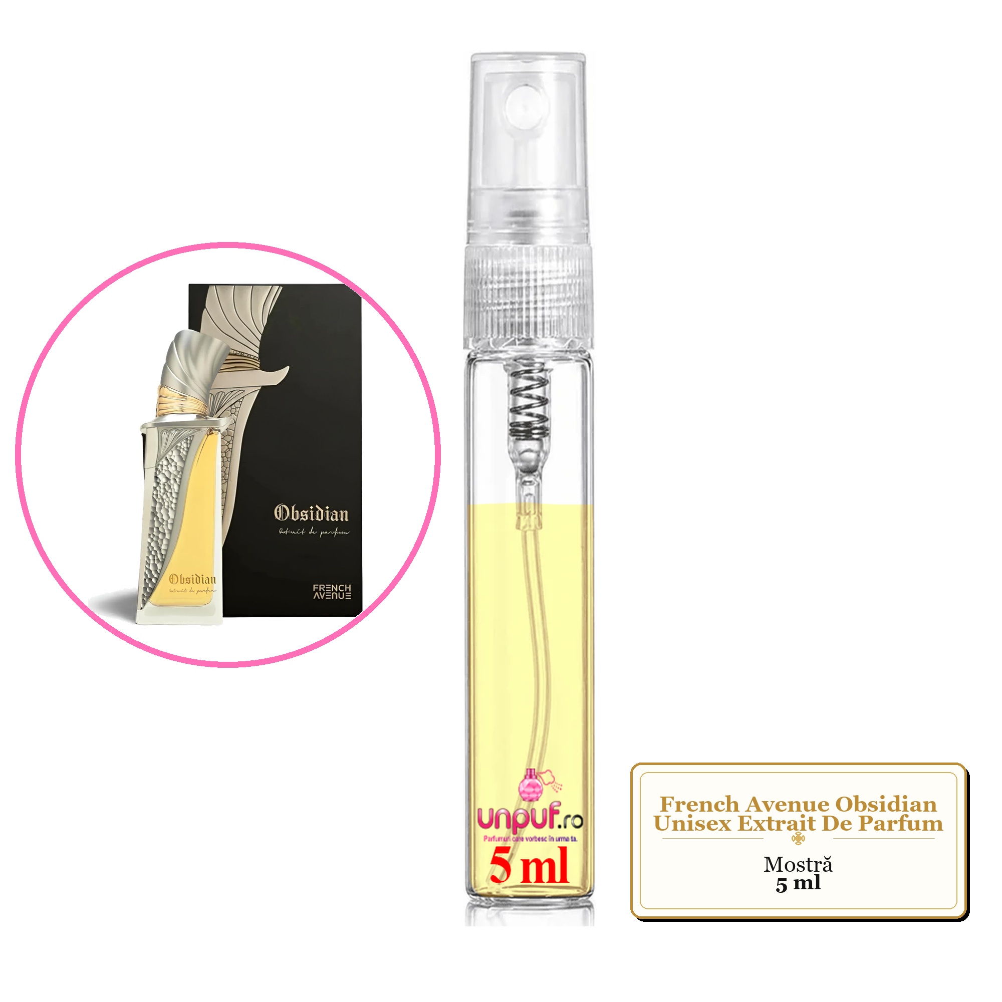 Mostra fiola din Parfumul French Avenue Obsidian Unisex Extrait De Parfum, decant sticla cu pulverizator