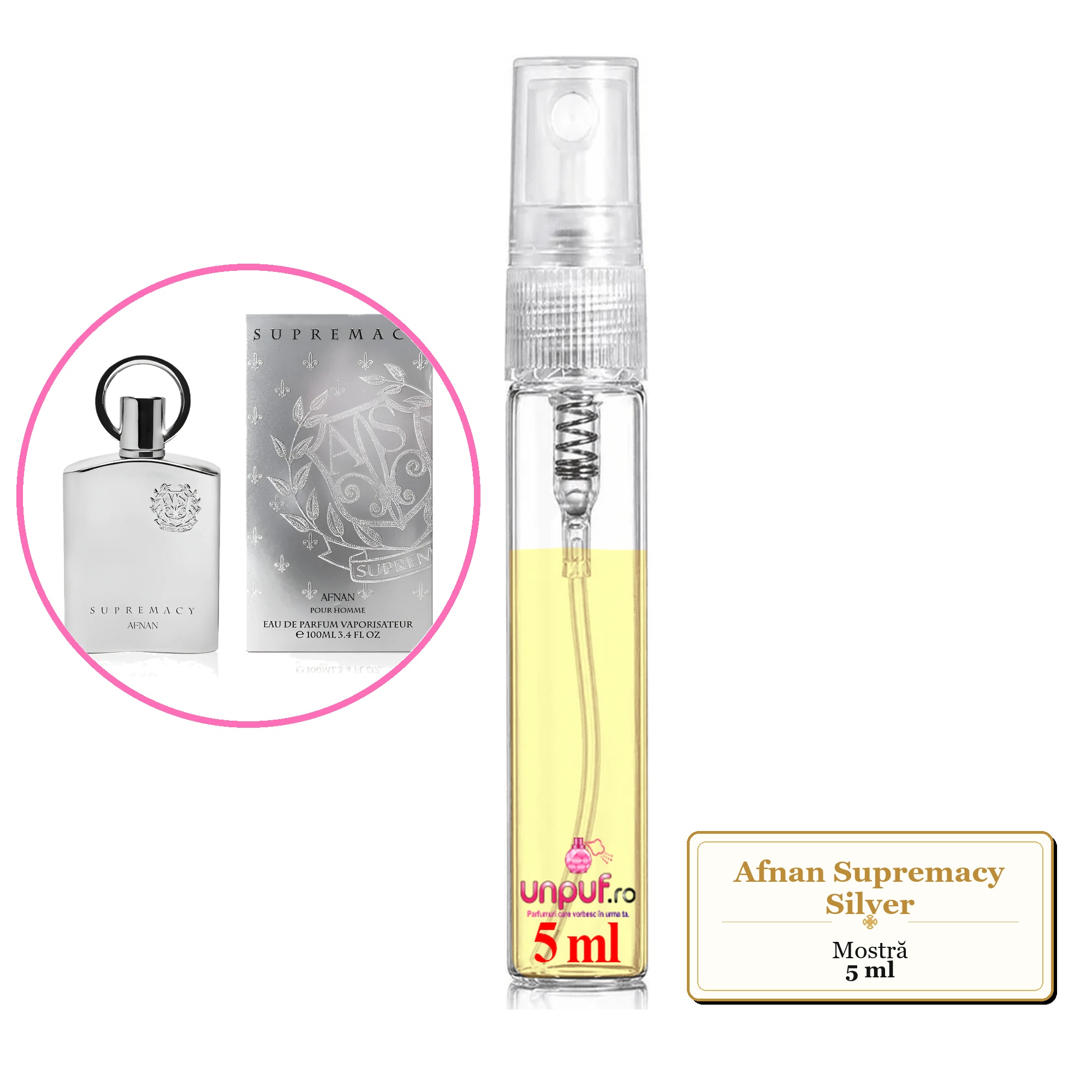 Mostra fiola din Parfumul Afnan Supremacy Silver, decant sticla cu pulverizator 