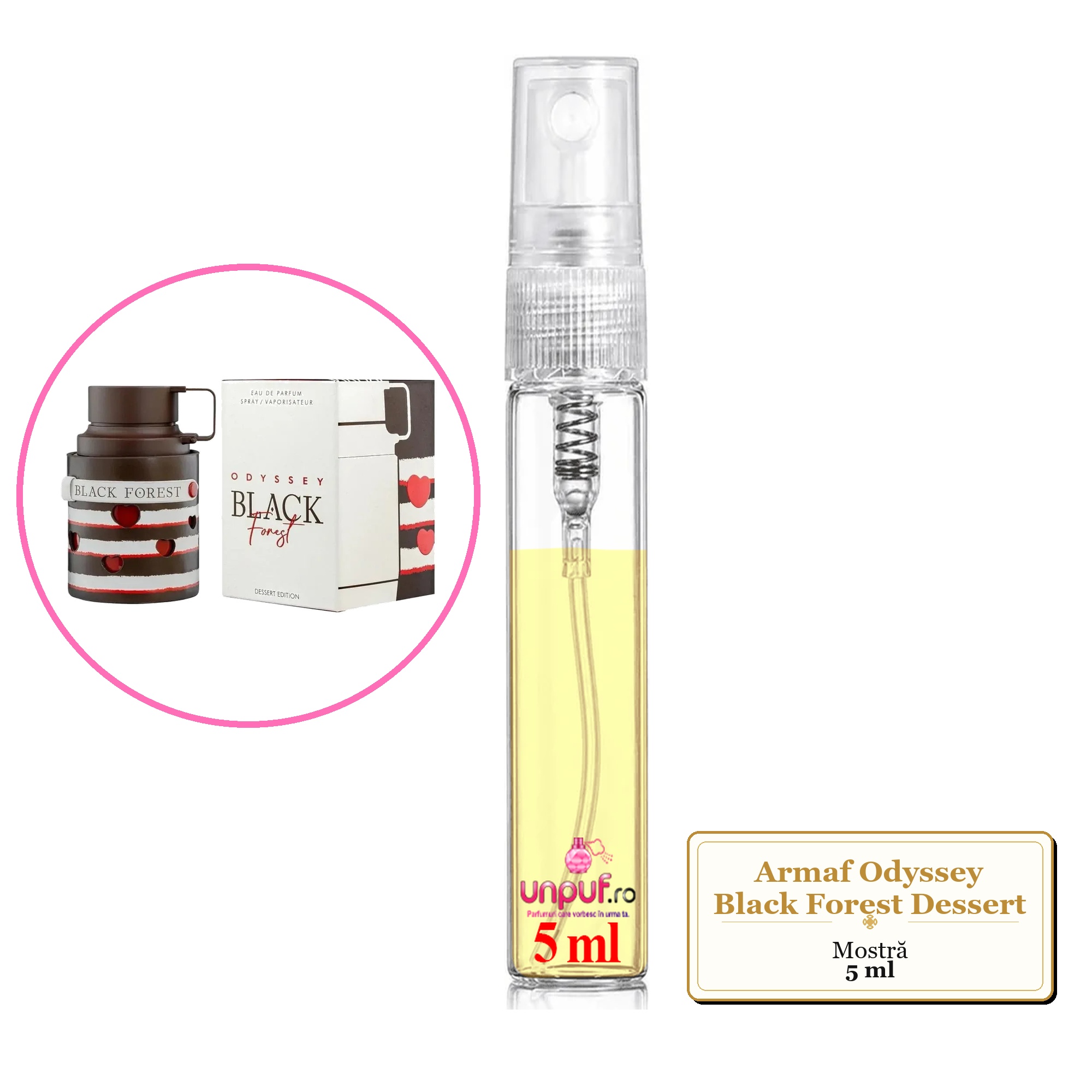 Mostra fiola din Parfumul Armaf Odyssey Black Forest Dessert, decant sticla cu pulverizator