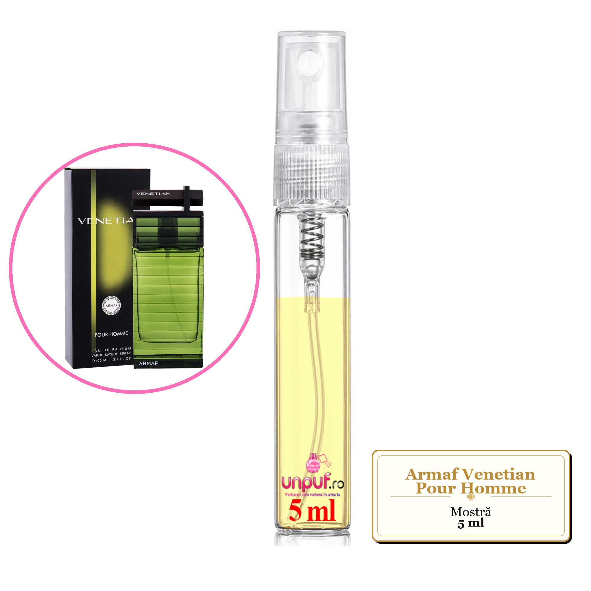 Mostra fiola din Parfumul Armaf Venetian Pour Homme, decant sticla cu pulverizator