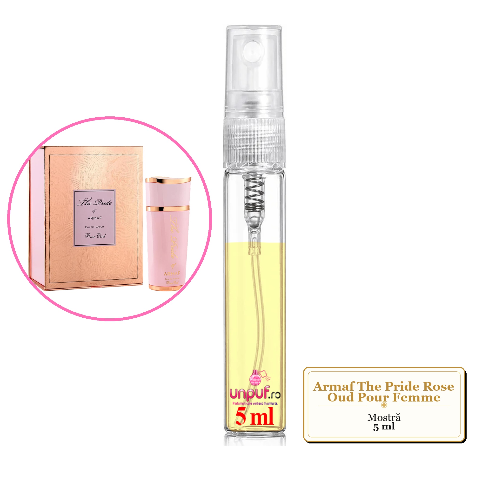 Mostra fiola din Parfumul Armaf The Pride Rose Oud Pour Femme, decant sticla cu pulverizator