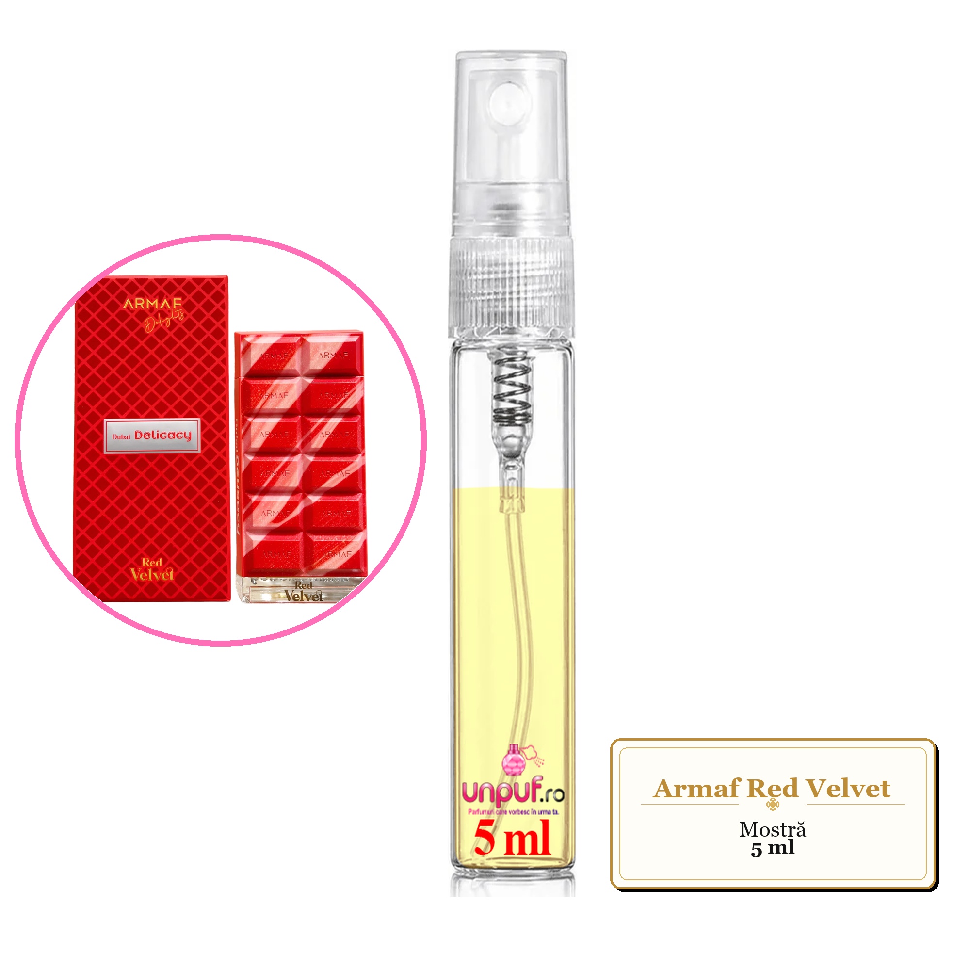 Mostra fiola din Parfumul Armaf Red Velvet, decant sticla cu pulverizator
