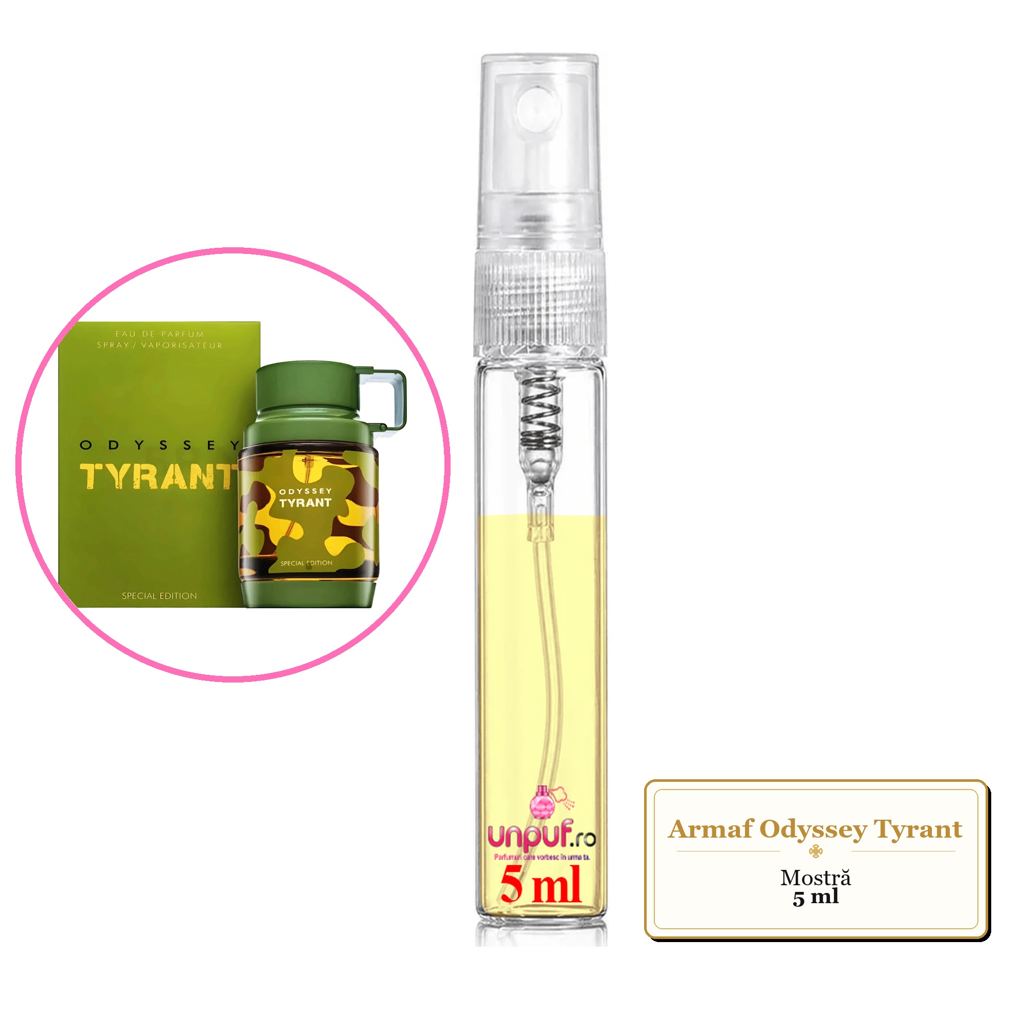 Mostra fiola din Parfumul Armaf Odyssey Tyrant, decant sticla cu pulverizator 