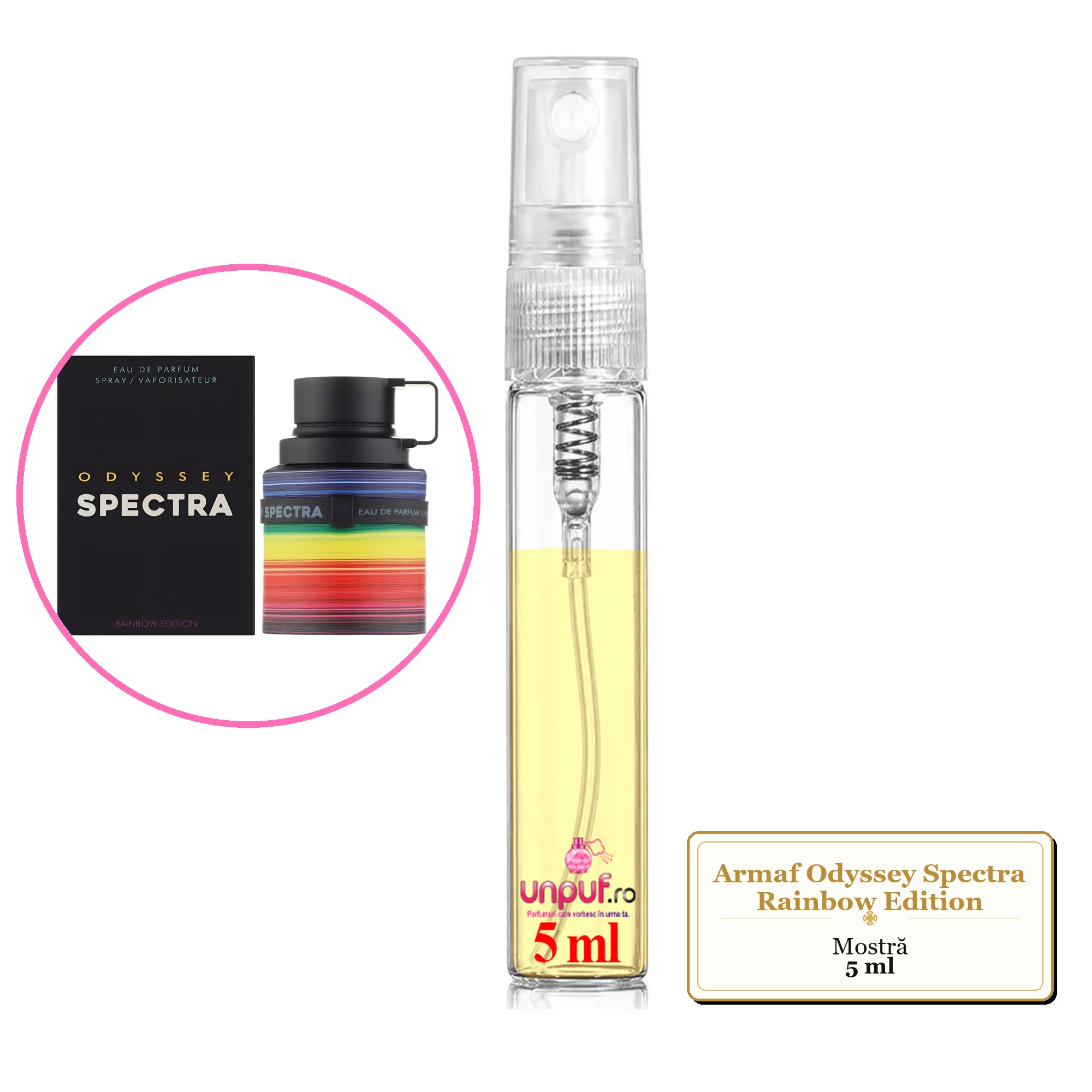 Mostra fiola din Parfumul Armaf Odyssey Spectra Rainbow Edition, decant sticla cu pulverizator