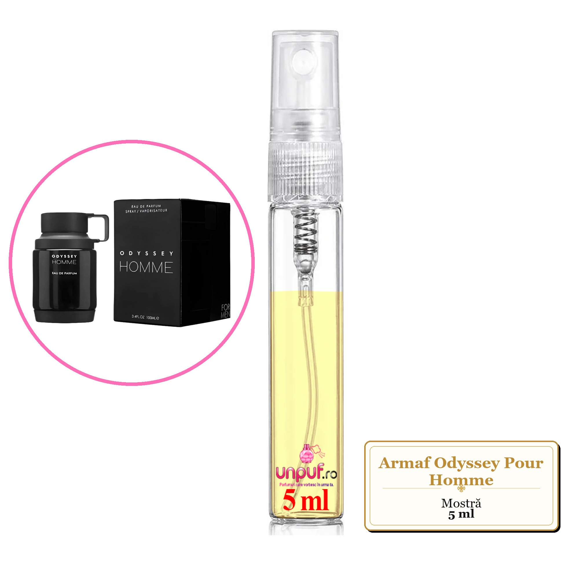 Mostra fiola din Parfumul Armaf Odyssey Pour Homme, decant sticla cu pulverizator 