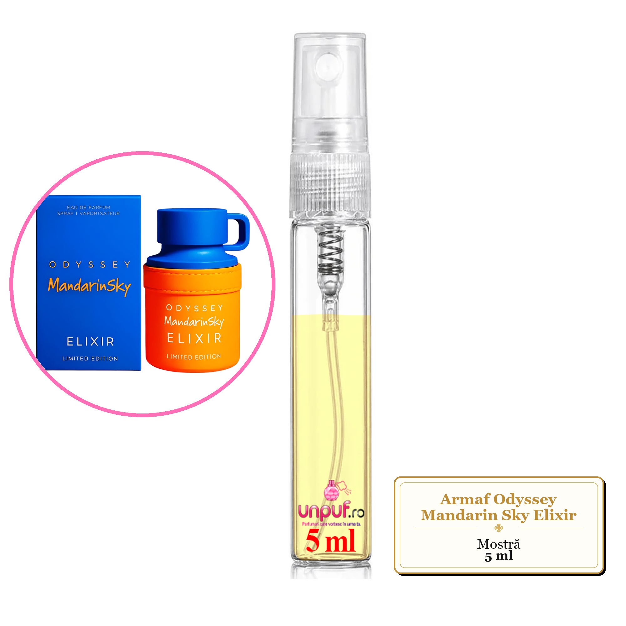 Mostra fiola din Parfumul Armaf Odyssey Mandarin Sky Elixir, decant sticla cu pulverizator