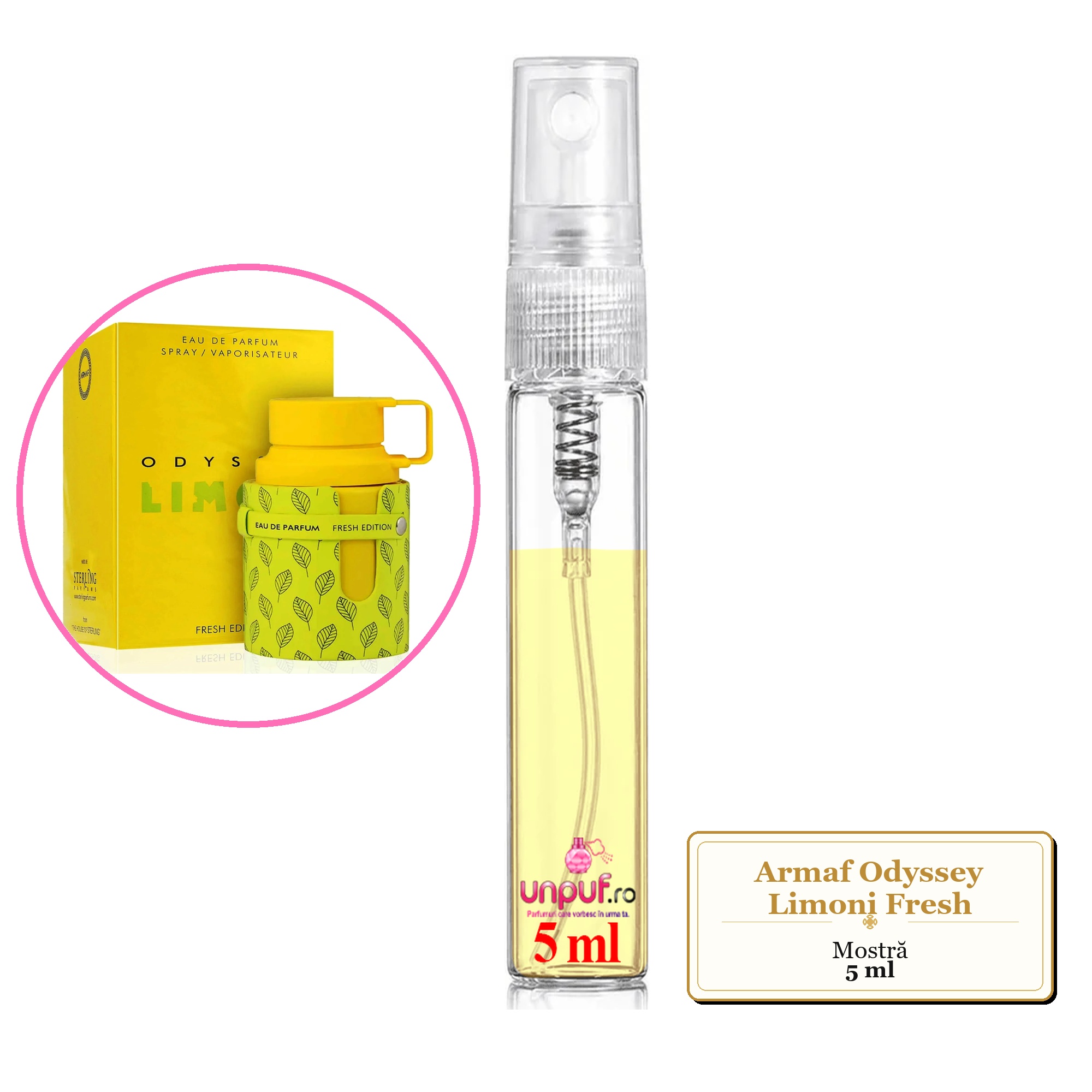 Mostra fiola din Parfumul Armaf Odyssey Limoni Fresh, decant sticla cu pulverizator